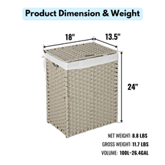 Laundry Hamper With Lid PE Rattan Powder Coating Frame Clothes with 2 Removable Bags, 100L - Light Grey
