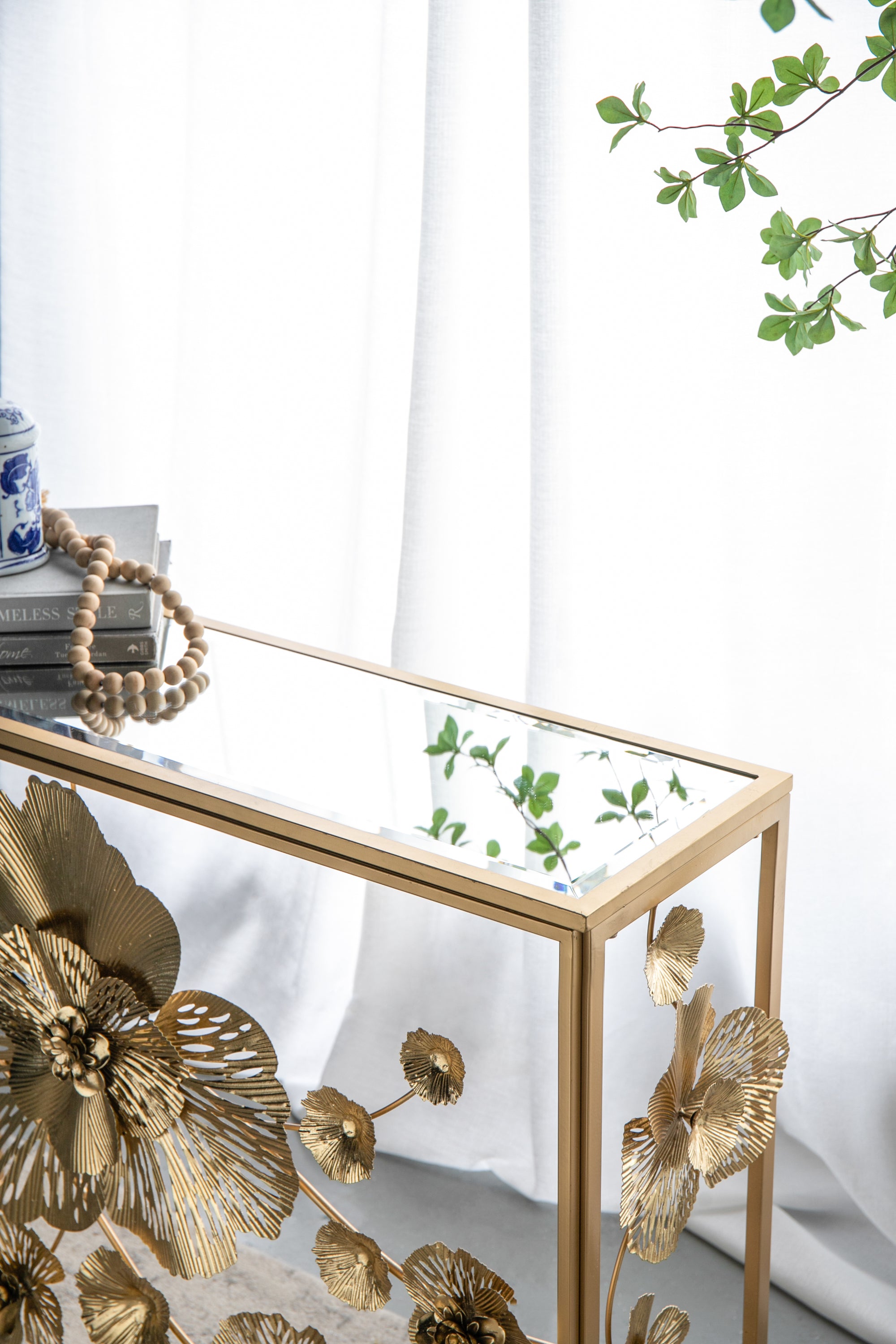 Gold Console Table with Mirrored Glass Top 39.5"x12"x30.5"