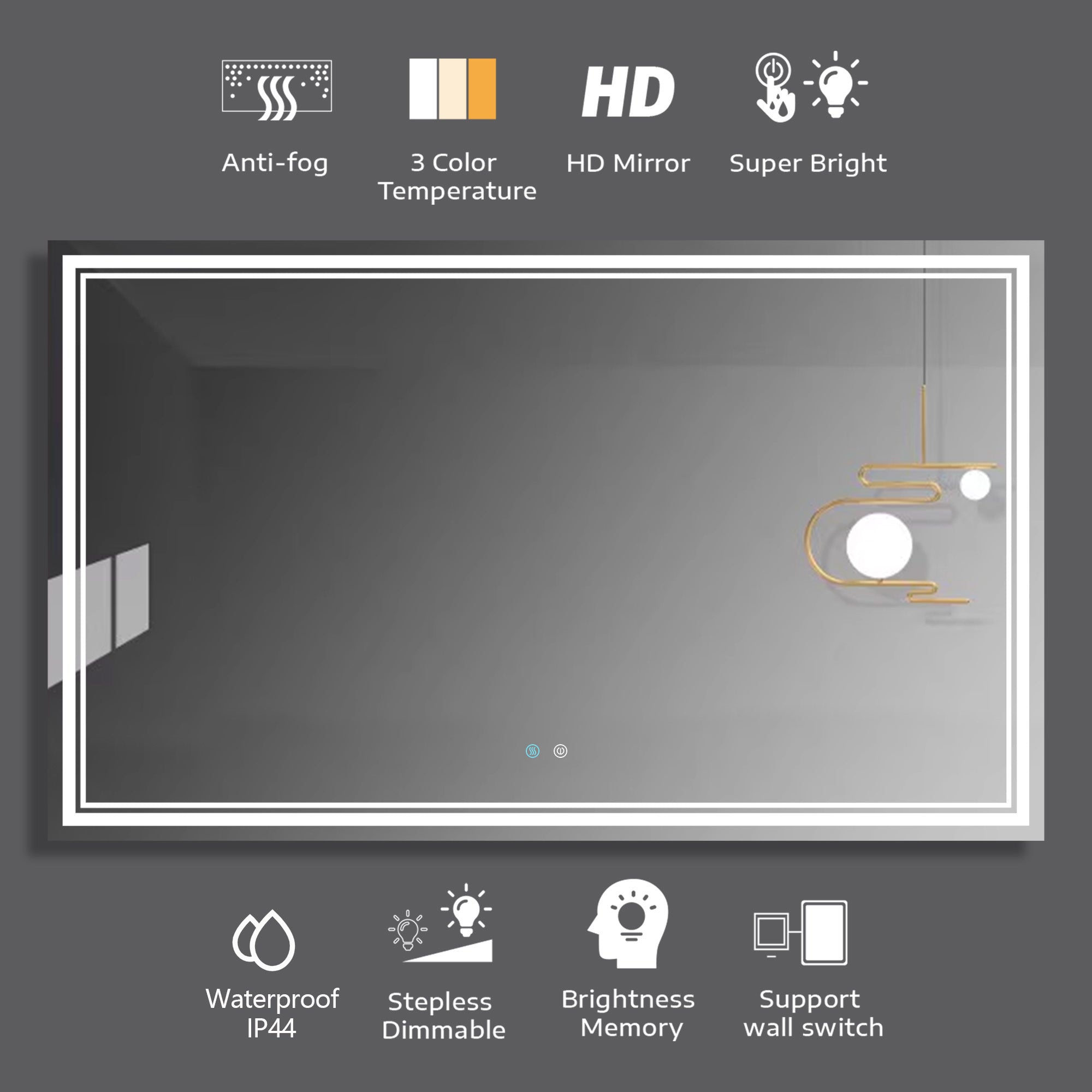 60x36 LED Mirror for Bathroom Adjustable 3 Color, Dimmable Vanity Mirror with Lights, Anti-Fog, Touch Control Wall Mounted Bathroom Mirror - Vertical