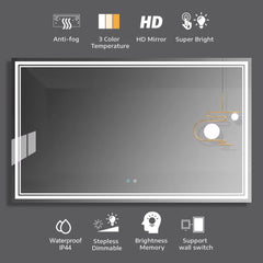 60x36 LED Mirror for Bathroom Adjustable 3 Color, Dimmable Vanity Mirror with Lights, Anti-Fog, Touch Control Wall Mounted Bathroom Mirror - Vertical