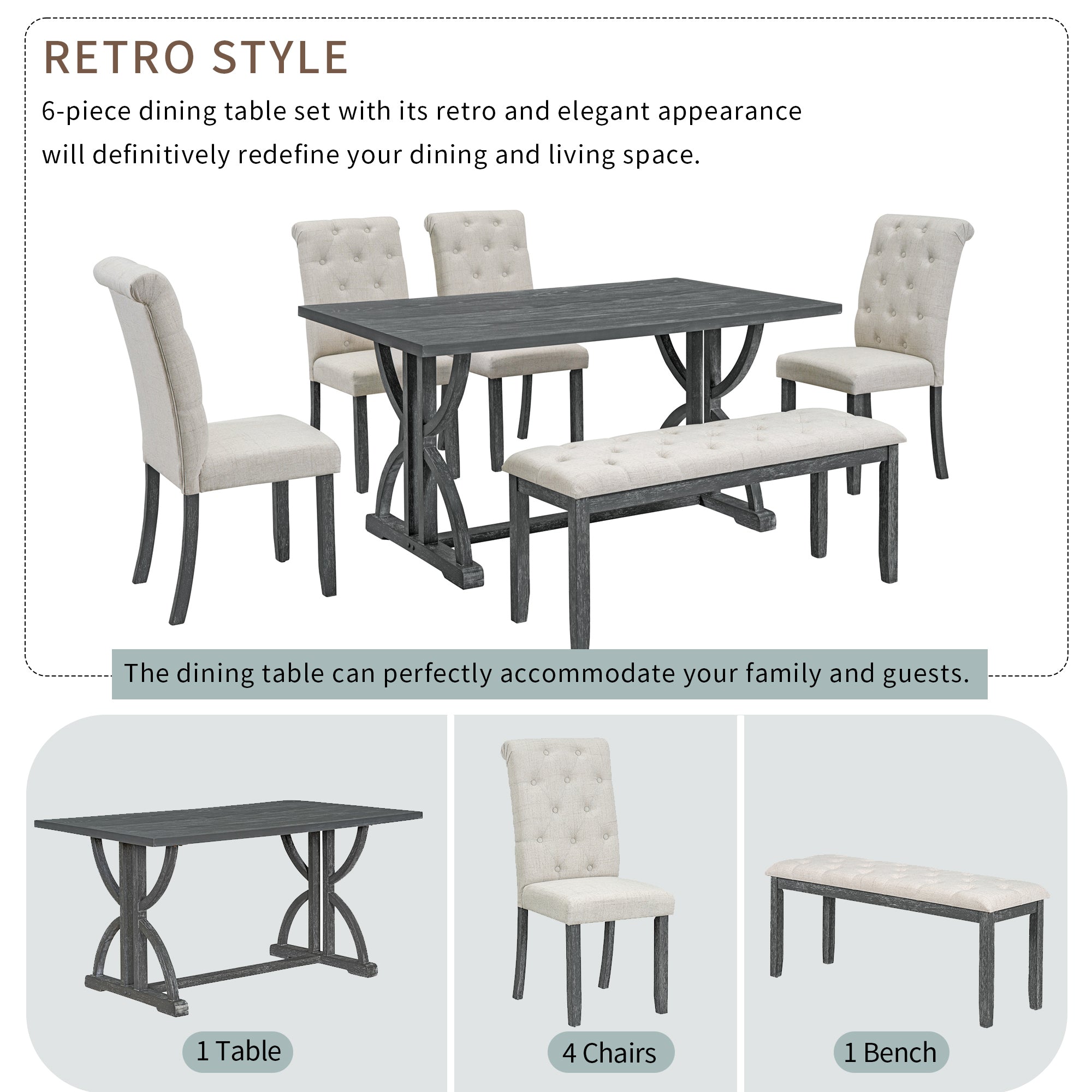6-Piece Retro Rectangular Dining Table Set, Table with Unique Legs and 4 Upholstered Chairs & 1 Bench - Grey Wash