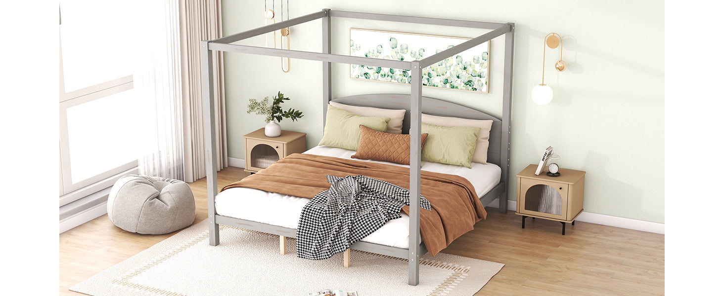 King Size Platform Bed with Headboard and Support Legs - Grey Wash