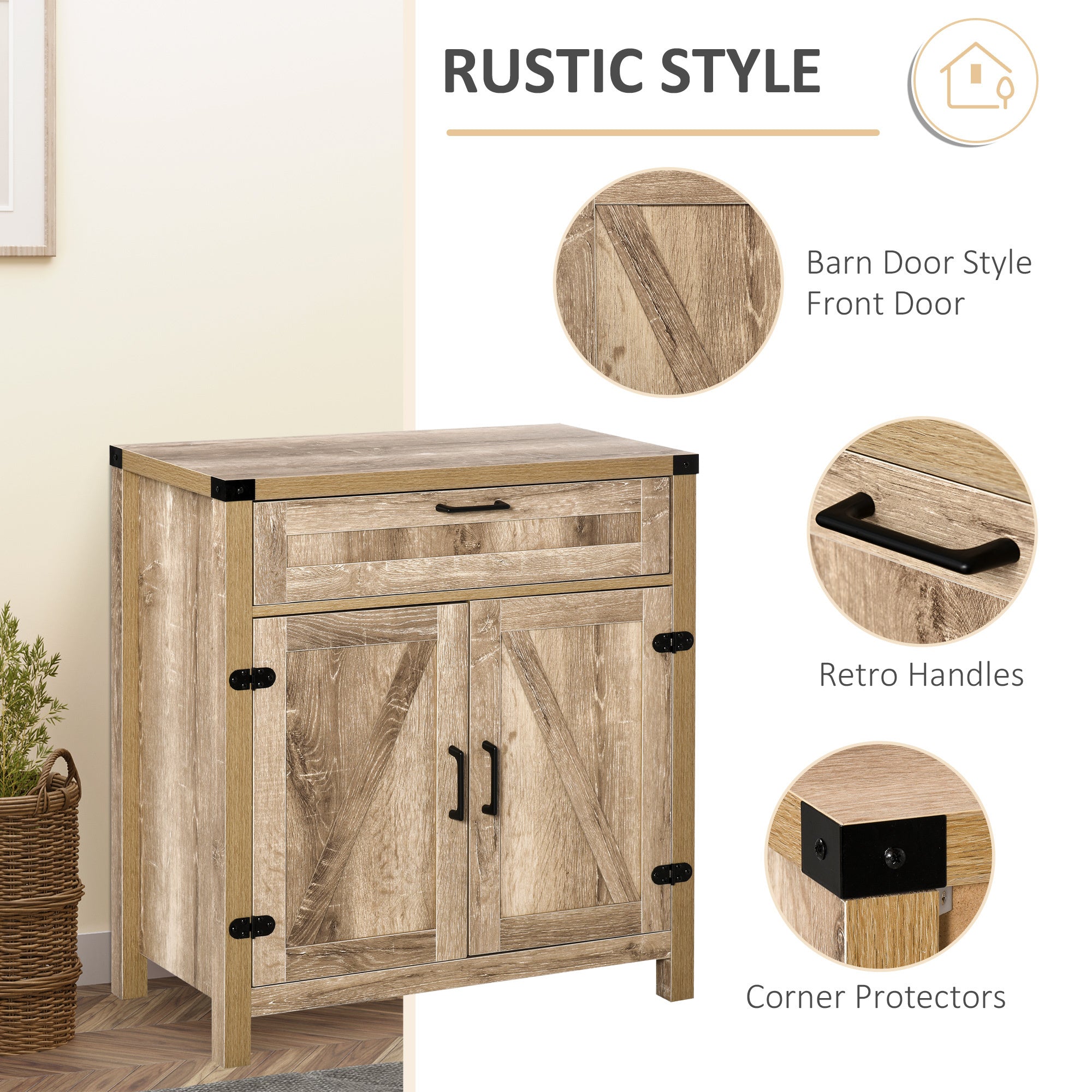Farmhouse Sideboard Buffet Cabinet with Drawer and Adjustable Shelf - Oak