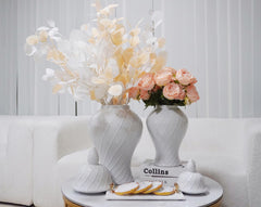 16.50"H Elegant White Ceramic Ginger Jar with Decorative Design