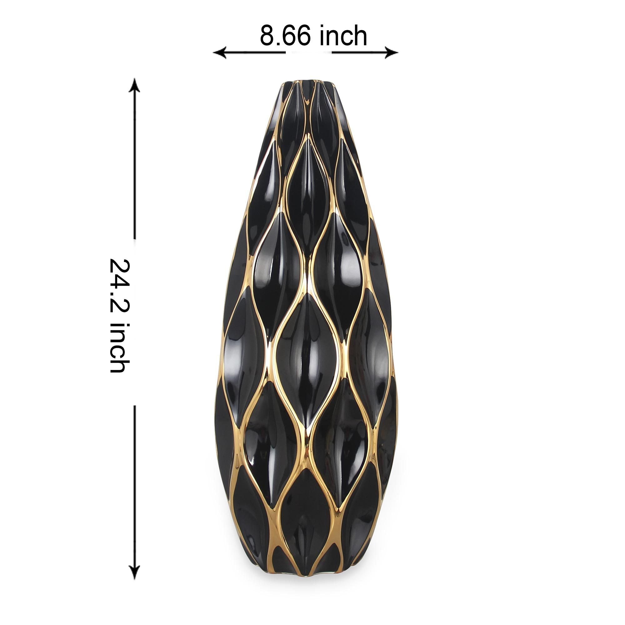 24"H Elegant Black Ceramic Vase with Gold Accents