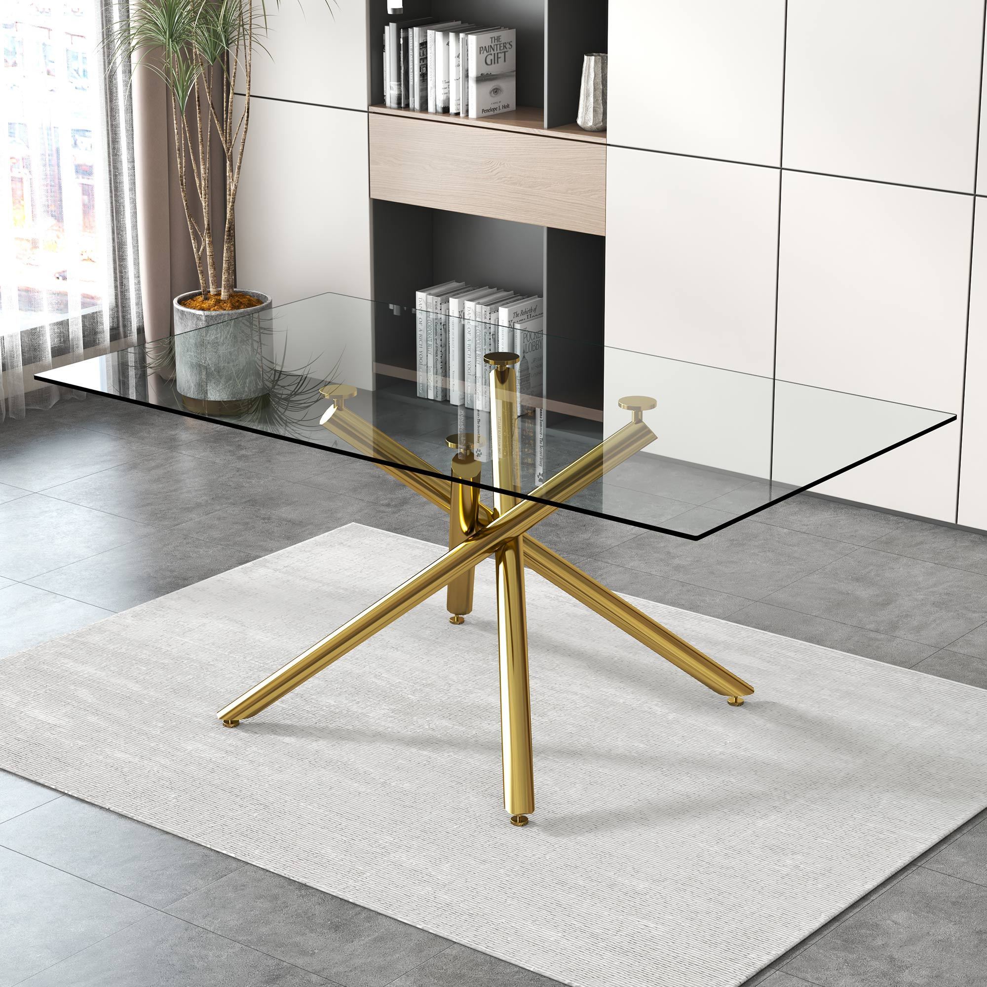 Modern Minimalist Rectangular Glass Dining Table for 6-8 with 0.39" Tempered Glass Tabletop and Silver Chrome Metal Legs - Golden