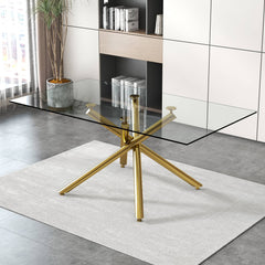 Modern Minimalist Rectangular Glass Dining Table for 6-8 with 0.39" Tempered Glass Tabletop and Silver Chrome Metal Legs - Golden