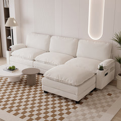 113' Modern 3+1 L-Shaped Corduroy Fabric Sofa,Modular Sectional Cloud Couch W/Ottoman,35D High-resilience Sponge&Double-layer Thick Cushion,Cup Holders,Storage Bags,Couches For Living Room,Apartment.