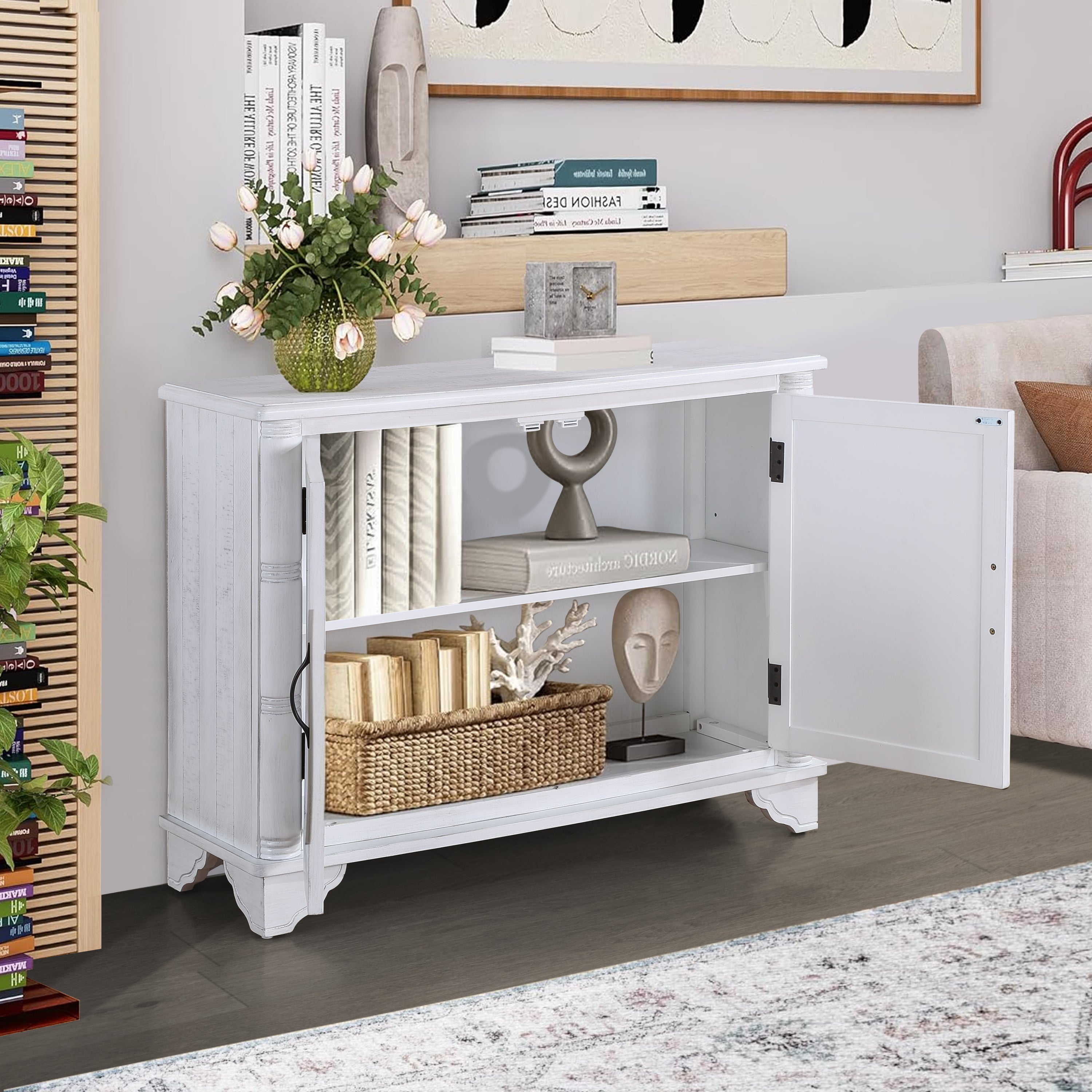 40"  Console Table with Storage Shelf, Retro Entryway Table with Adjustable Storage Shelf - Antique White