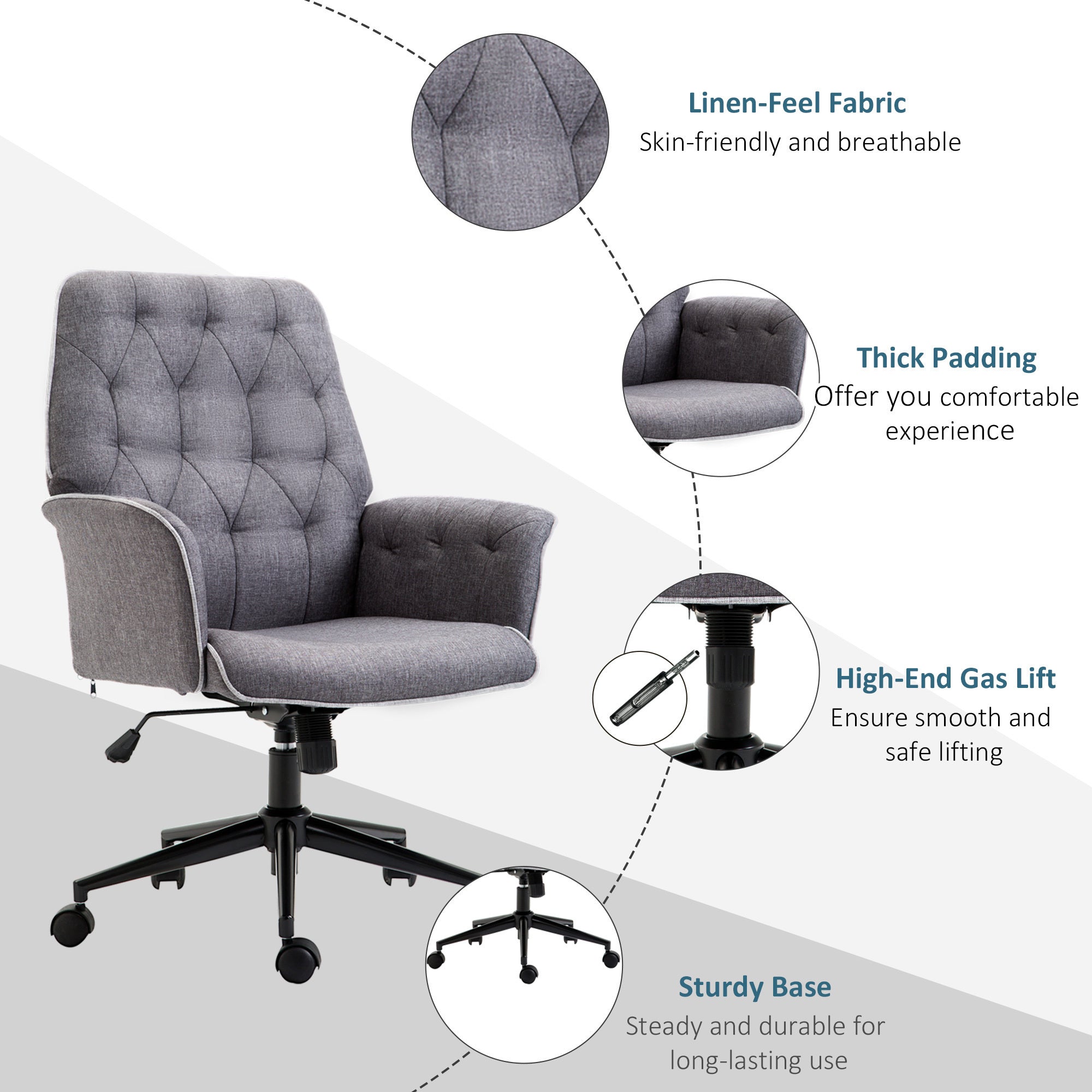 Vinsetto Linen Home Office Chair, Tufted Height Adjustable Computer Desk Chair with Swivel Wheels and Padded Armrests - Dark Gray