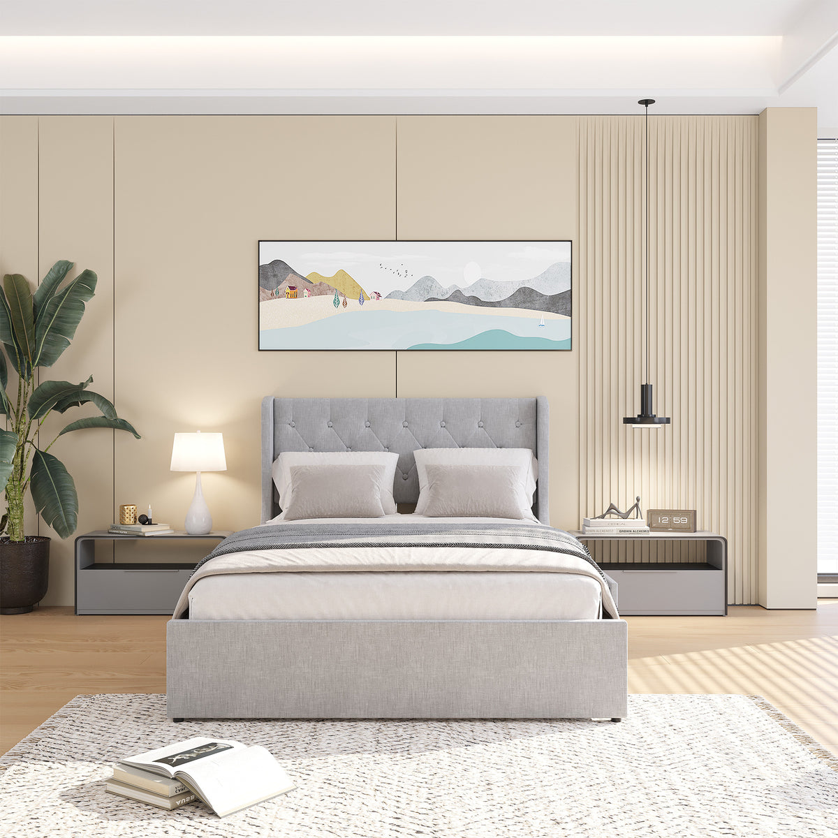 Full Size Bed Frame with 4 Storage Drawers and Wingback Headboard, Button Tufted Design, Light Grey