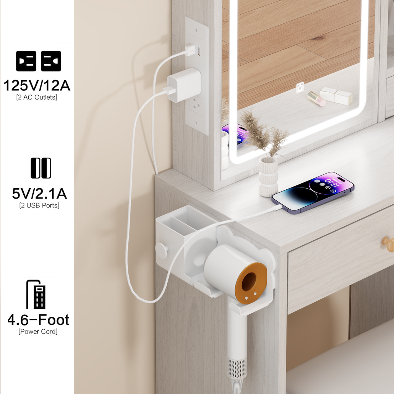 Vanity Table + Cushioned Stool, With 2 AC Power + 2 USB Socket, Extra Large Sliding LED Mirror