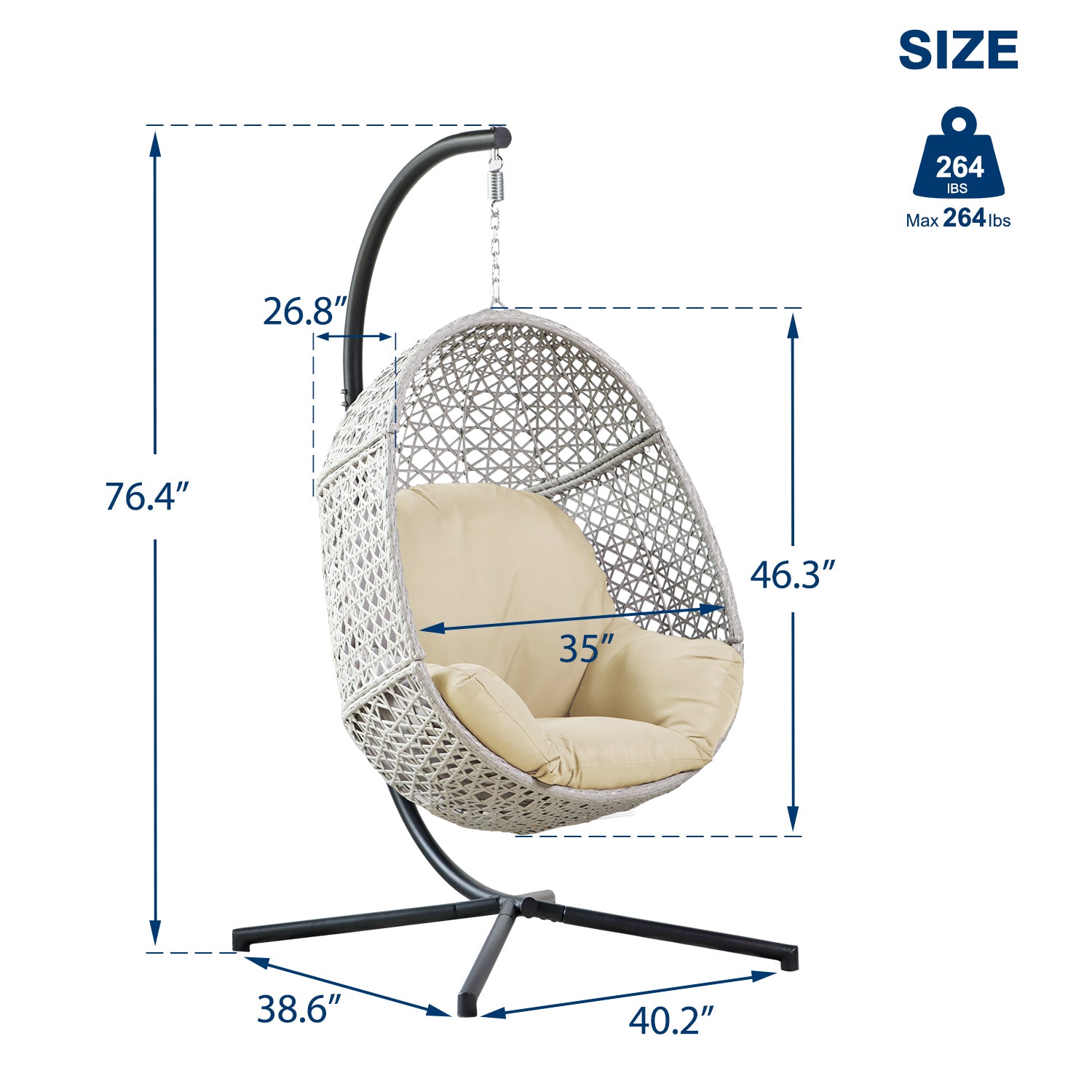 Large Hanging Egg Chair with Stand & UV Resistant Cushion with C-Stand for Outdoor/Indoor Space