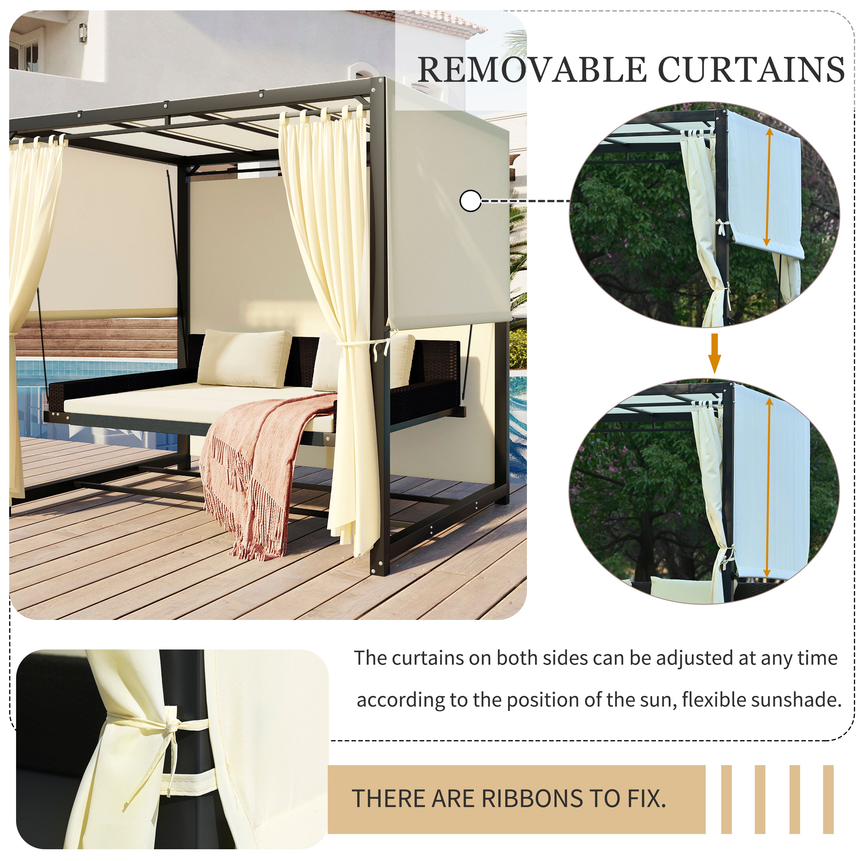 Outdoor Swing Bed for 2-3 People, Adjustable Curtains - Beige