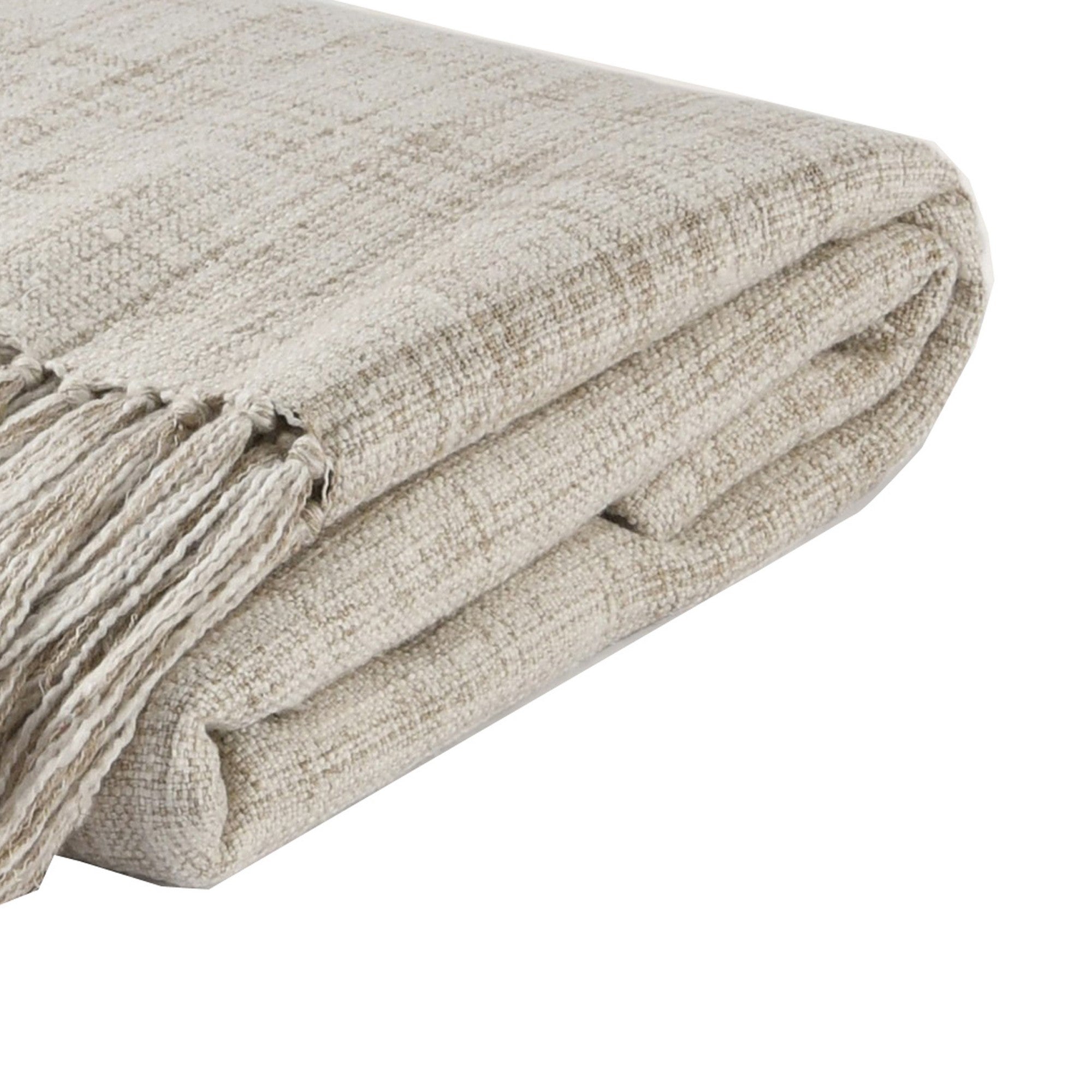 Throw Blanket with Woven Ends and Fringes, Off White