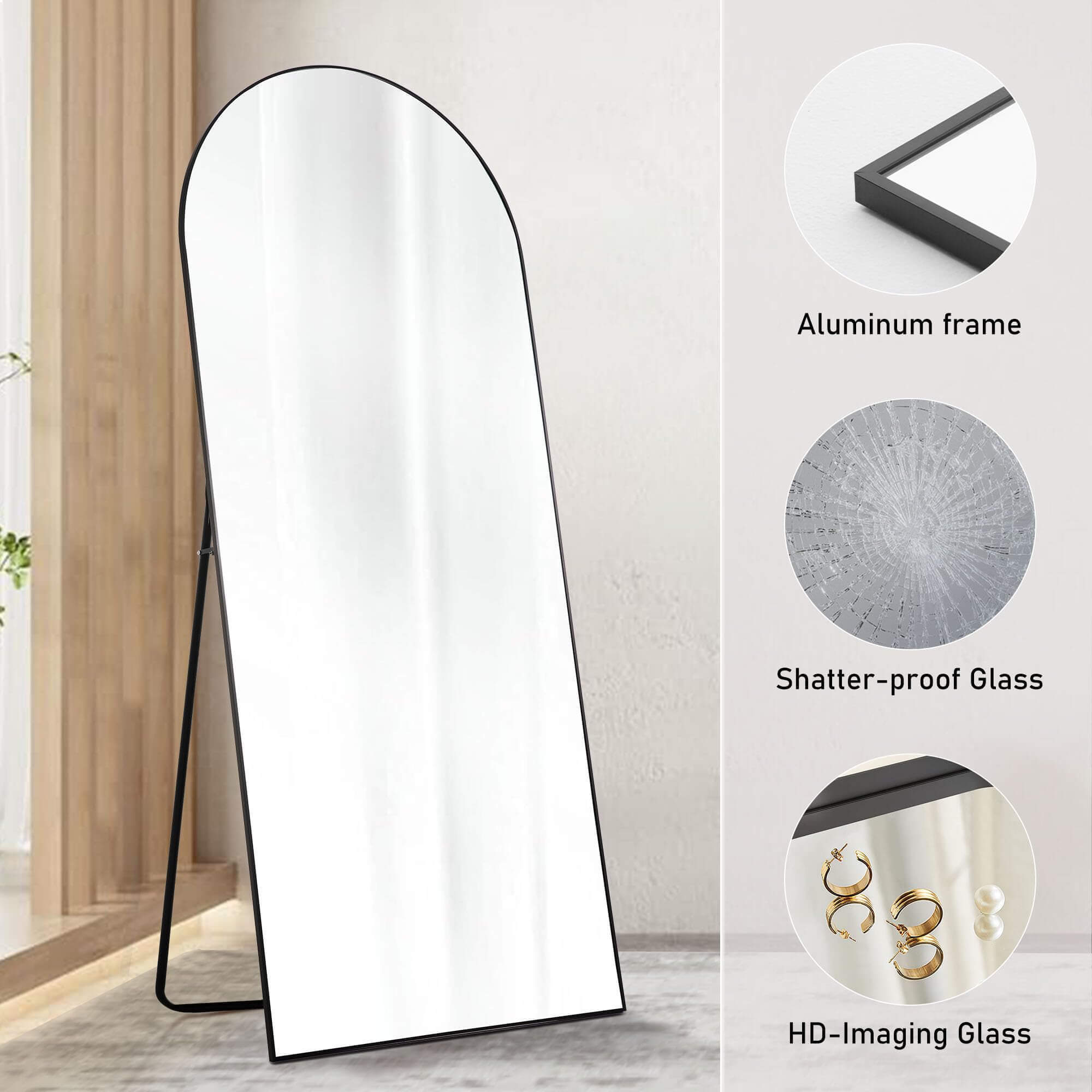 Wall Mirror with Stand Aluminum Alloy Thin Frame - Black