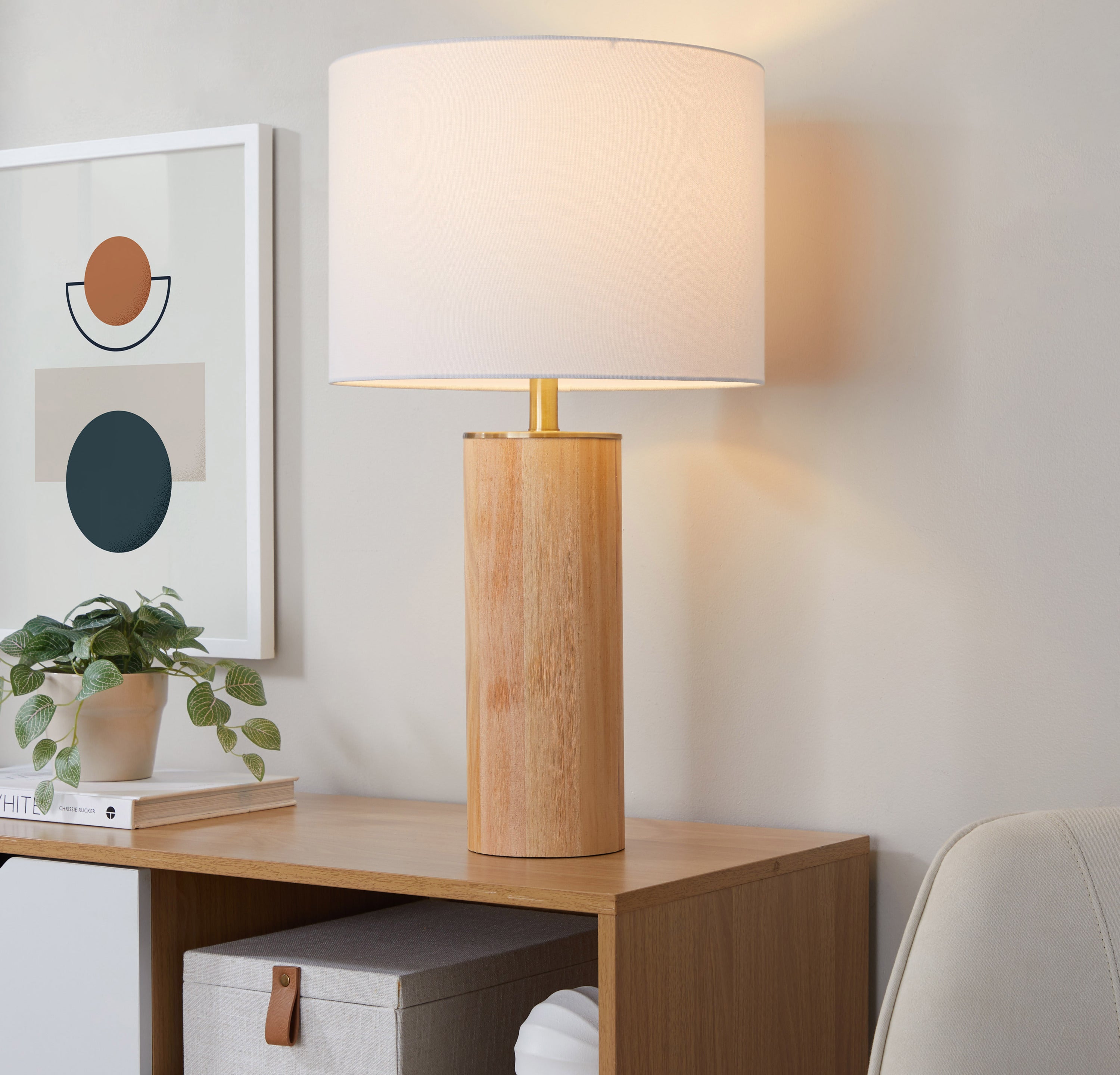 27" Contemporary Table Lamp in Ash Wood, Antique Brass, and White Linen