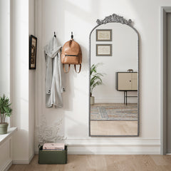 58'x24' Arched Full Body Mirror with Vintage Ornate Carved Applique on Top, Hanging Wall Mounted Mirror, for Living Room Bedroom Retro Home Decor Mirror, Antique Silver