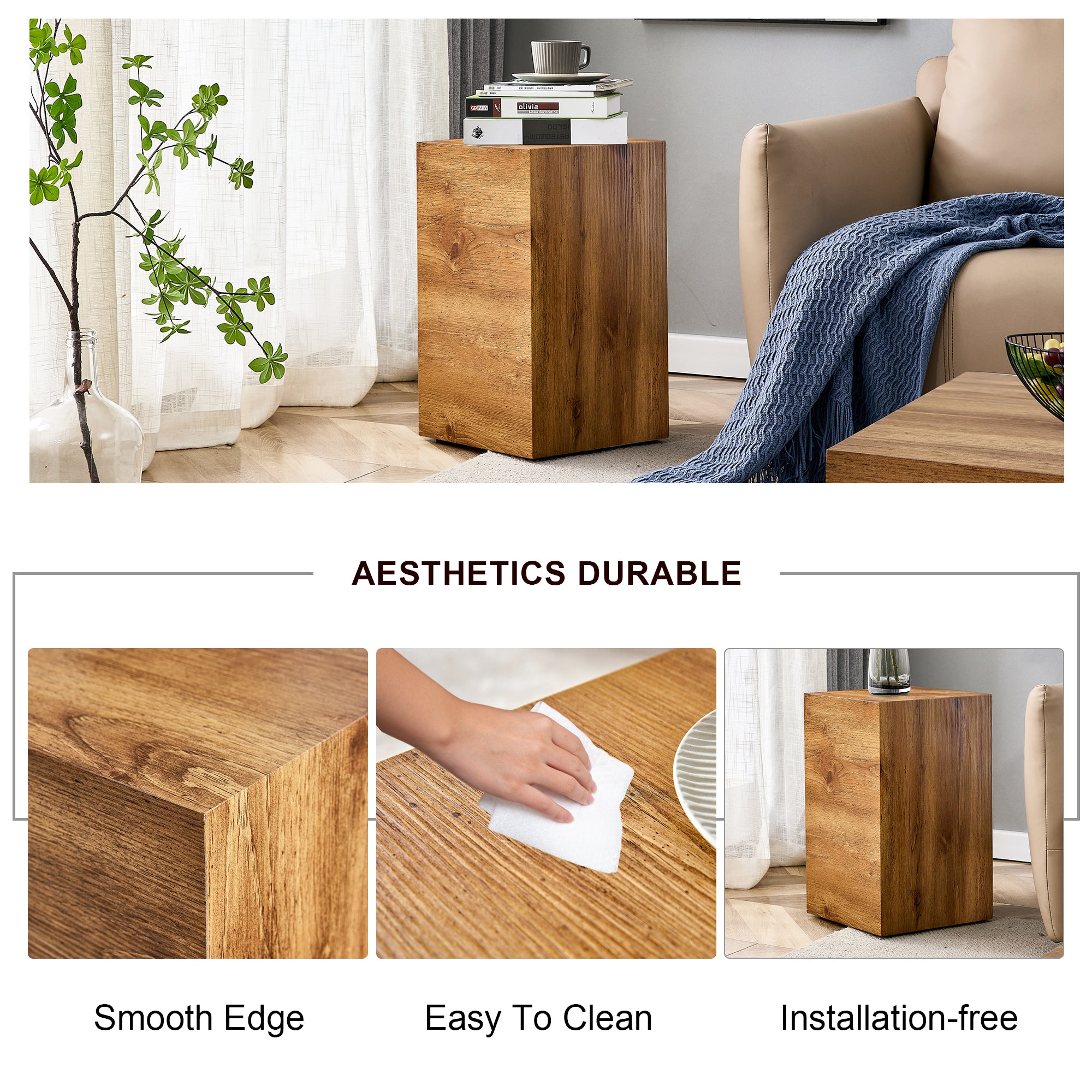 Rustic Minimalist Cube Side Table - Wood