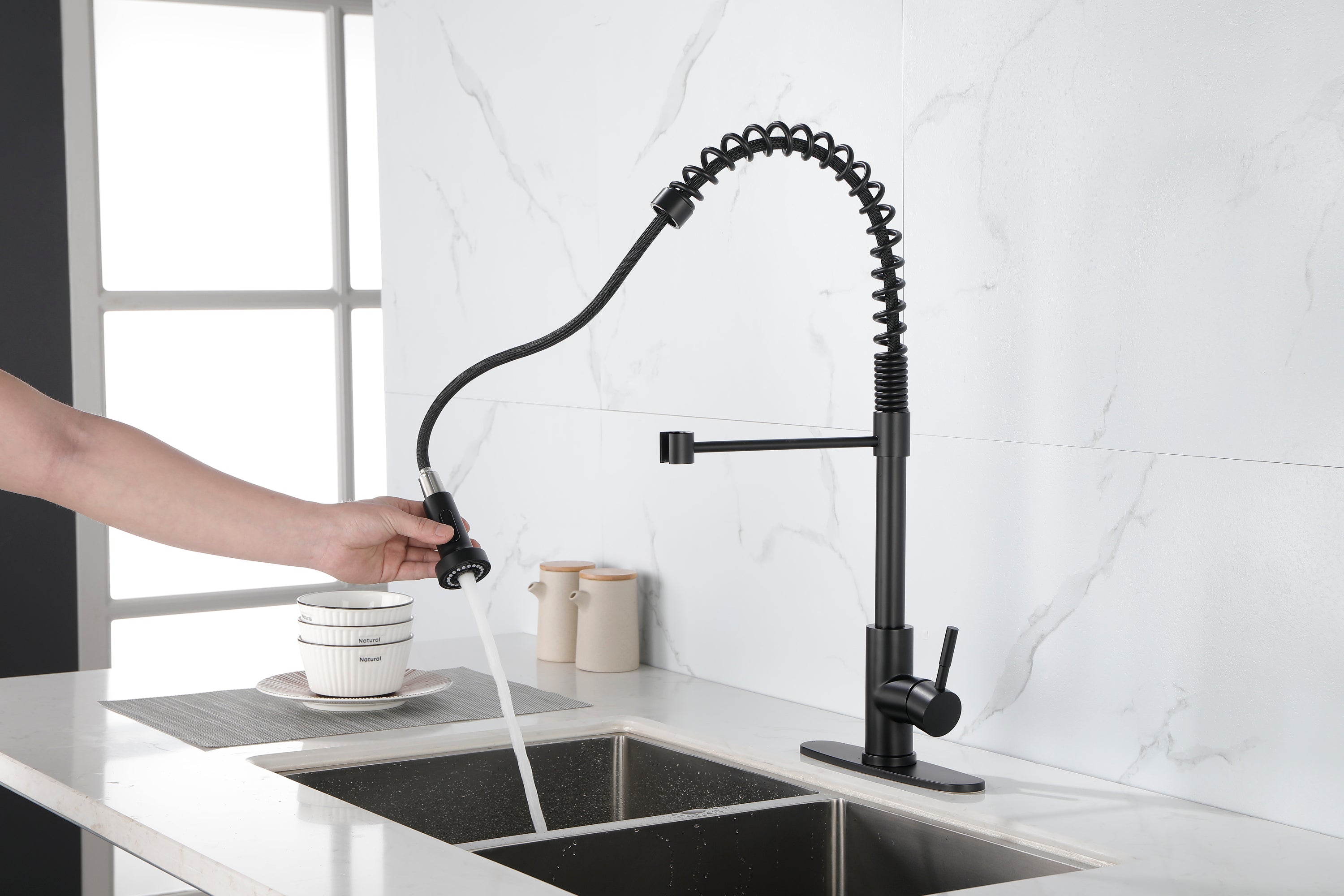 Stainless Steel Single Handle One Hole Kitchen Sink Faucet, Industrial 3-Hole Sink Faucet - Brushed Nickel