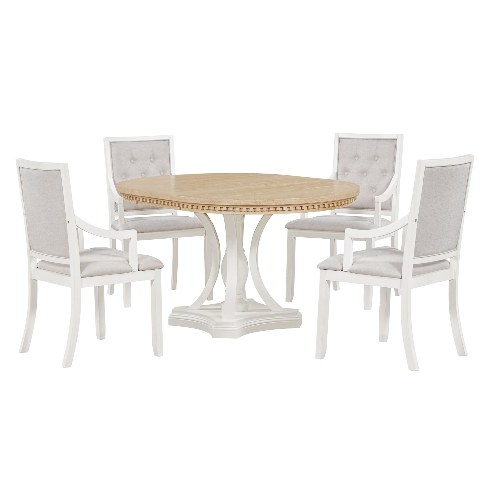Retro 5-piece Dining Set Extendable Round Table and 4 Chairs - Oak Natural Wood + Antique White