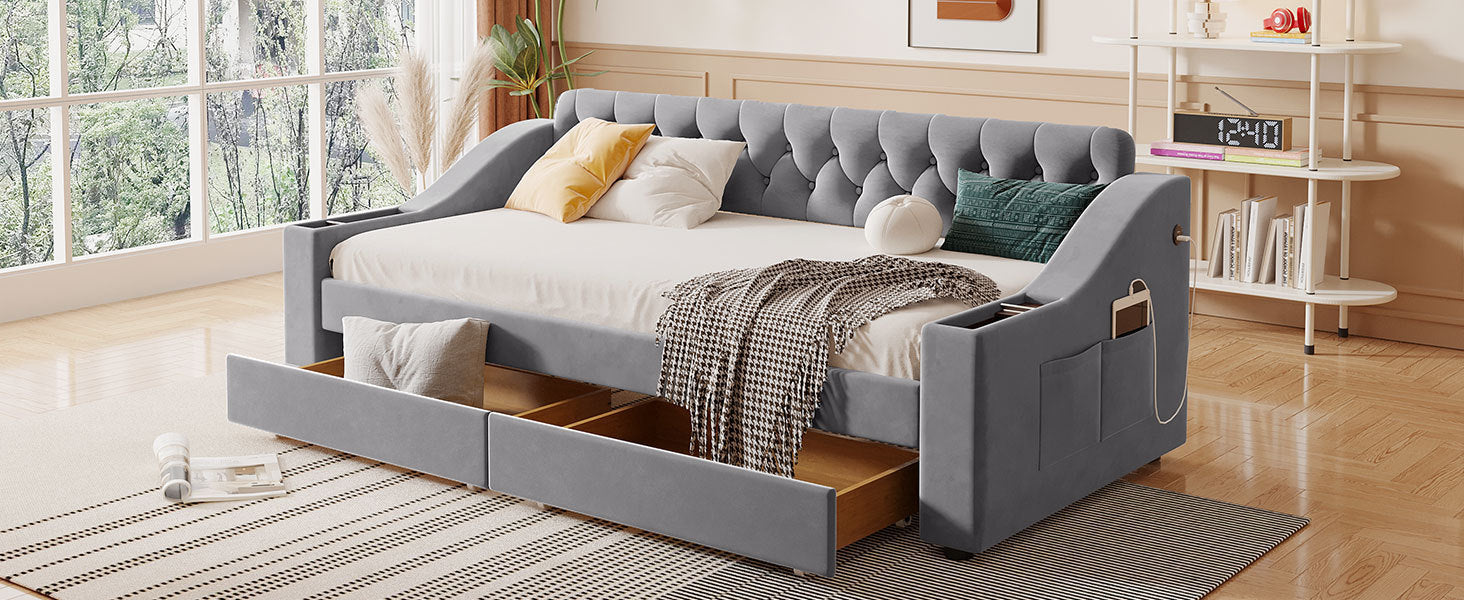 Twin Size Upholstered Daybed with Storage Armrests and USB Port - Gray