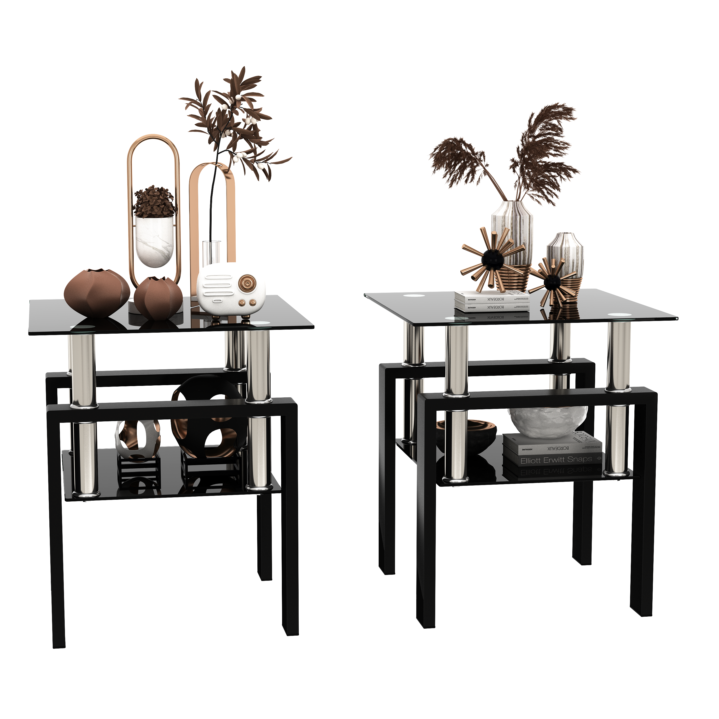 Set of 2 - Modern Tempered Glass Tea End Table - Black