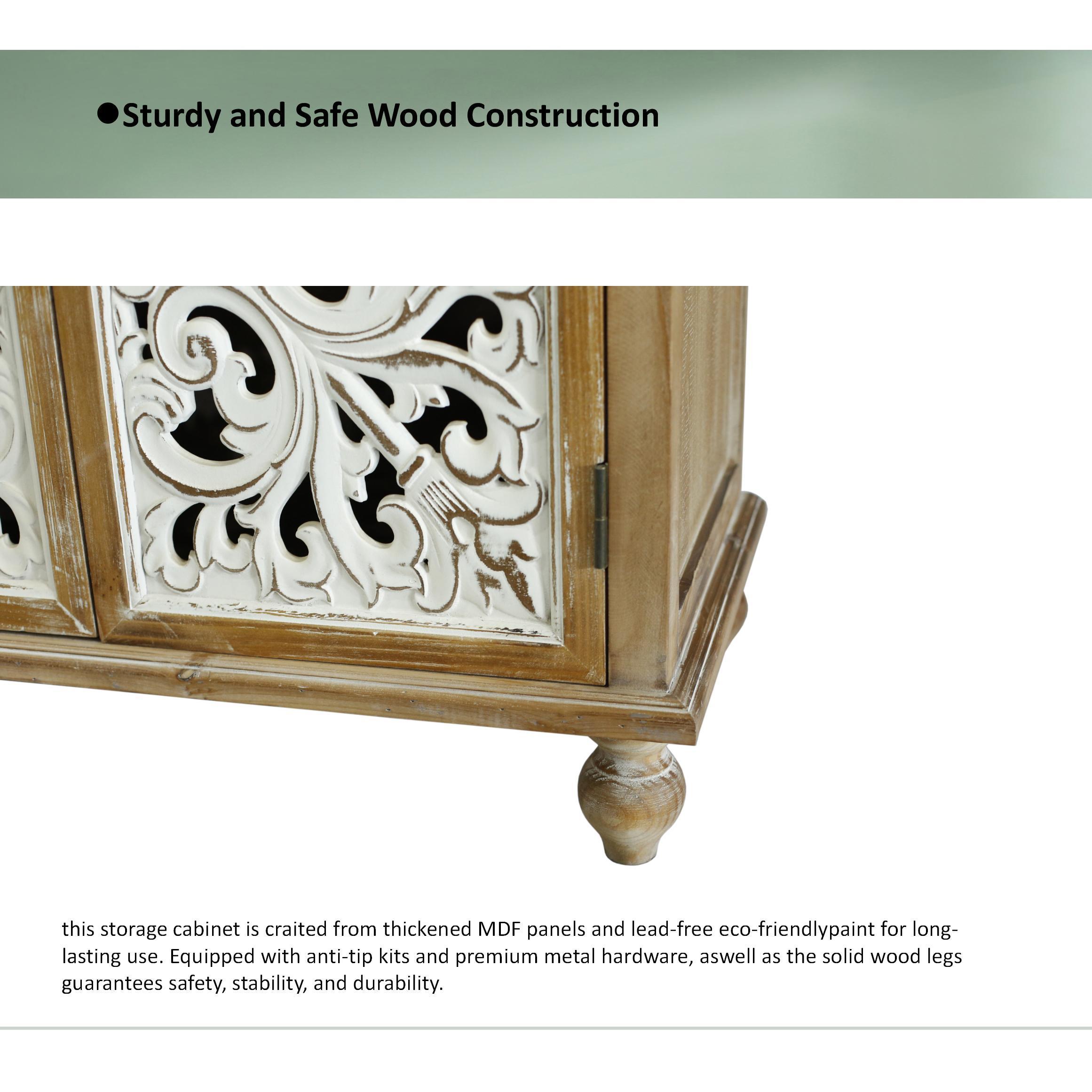 Farmhouse Sideboard Buffet with Storage, Accent Cabinet with 4 Doors, Wood Carved Floral Doors - Natural