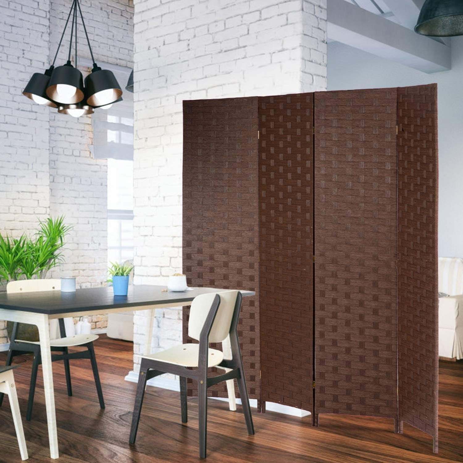 Wall Divider Wood Screen 4 Panels Wood Mesh Hand-Woven Design 6ft - Brown