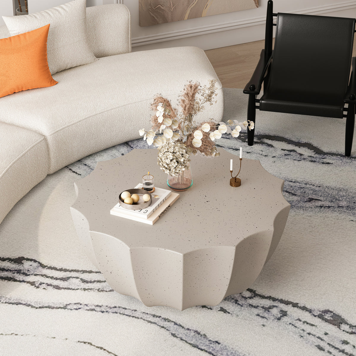 Modern Round Coffee Table in White with Durable MgO Cement Design, 35.43' Diameter, Ideal for Indoor and Outdoor Use