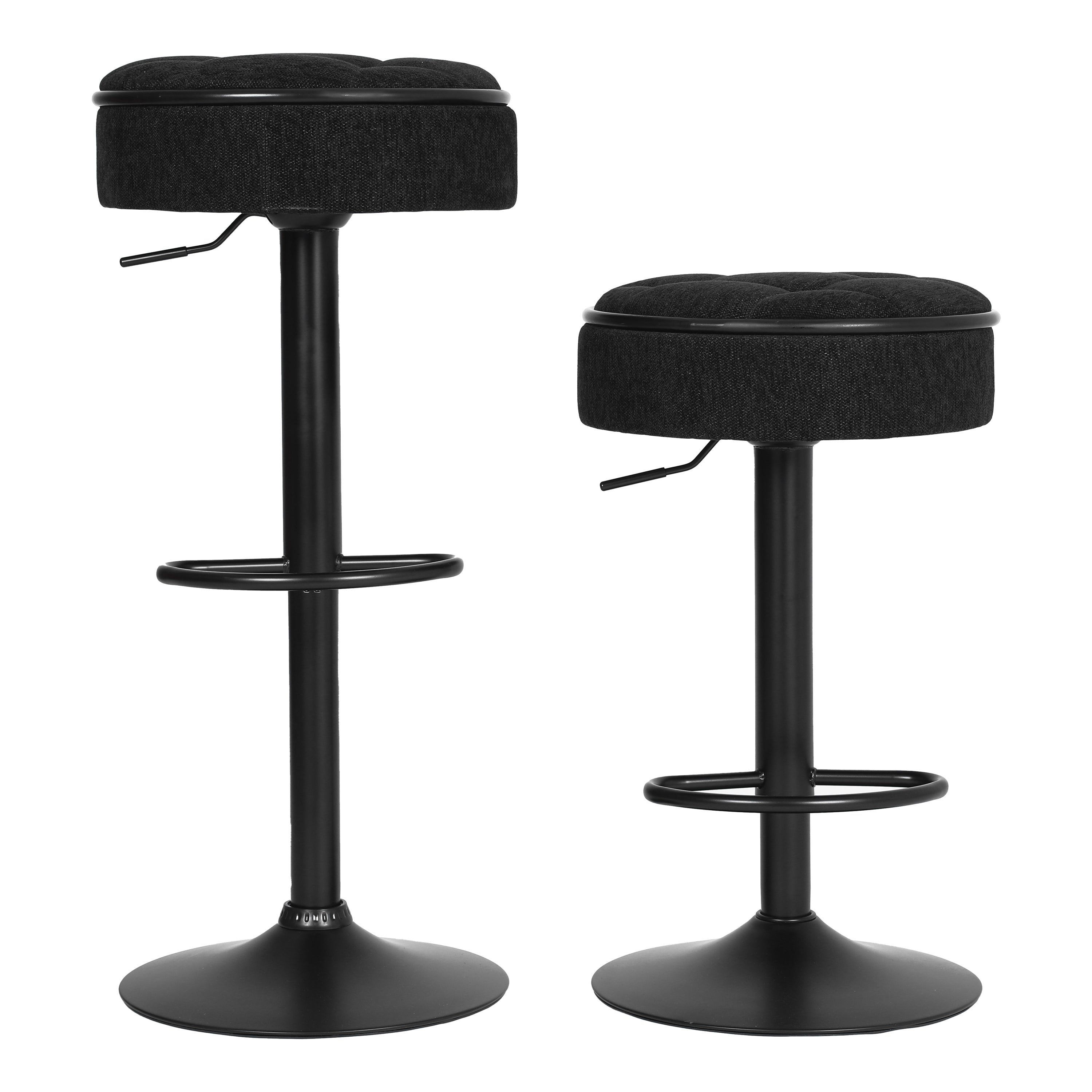 Set of 2 Round Storage Bar Stool Black Linen Height Adjustable Barstool, 360°Counter Height Swivel