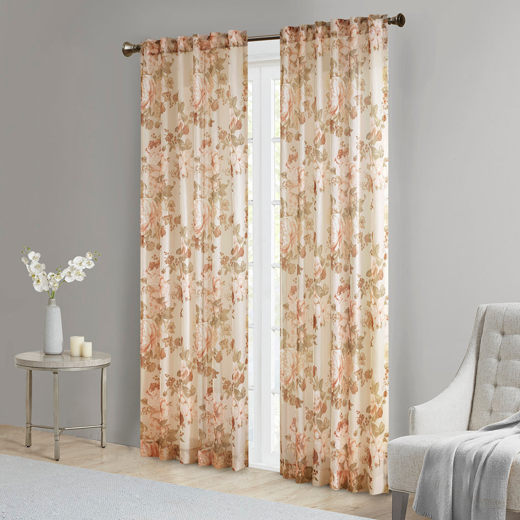 50x95" Printed Floral Rod Pocket and Back Tab Voile Sheer Curtain - Blush