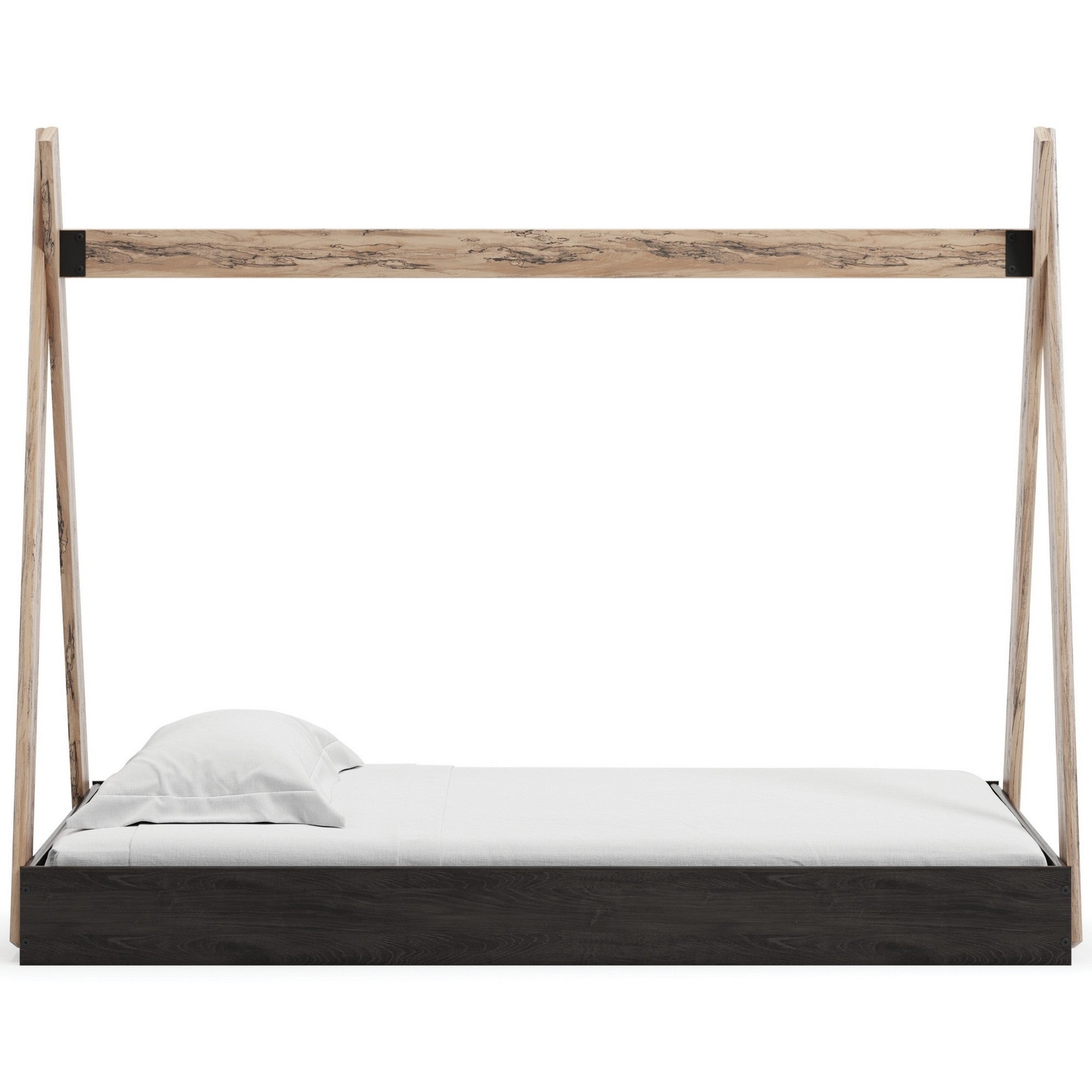 Modern Twin Size Bed, Crossed Wood A Frame Tent Stand, Jet Black Base