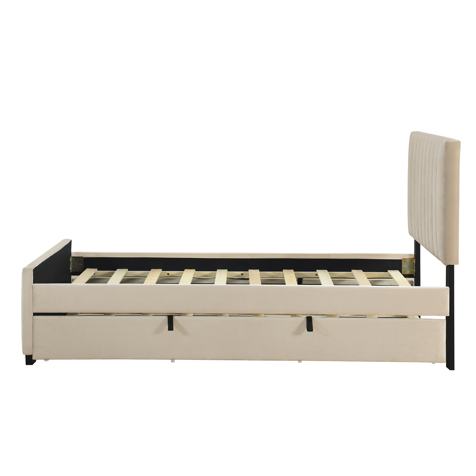 Twin Size Velvet Upholstered Platform Bed with Twin Size Trundle - Beige