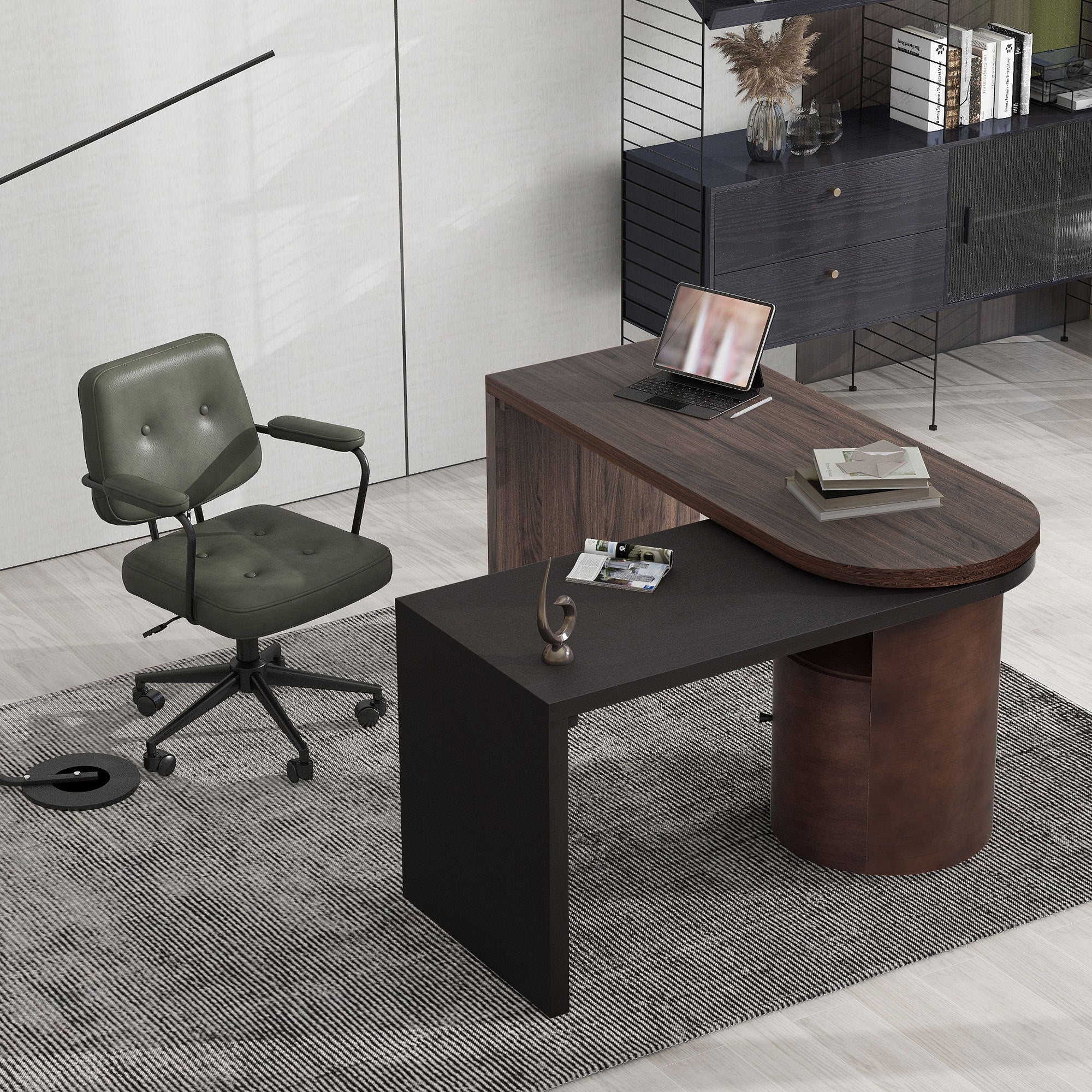 Modern L Shaped Desk in Walnut with 1 Cabinet and Open storage, 360° Wood Rotating Desk 56.92"  - Walnut