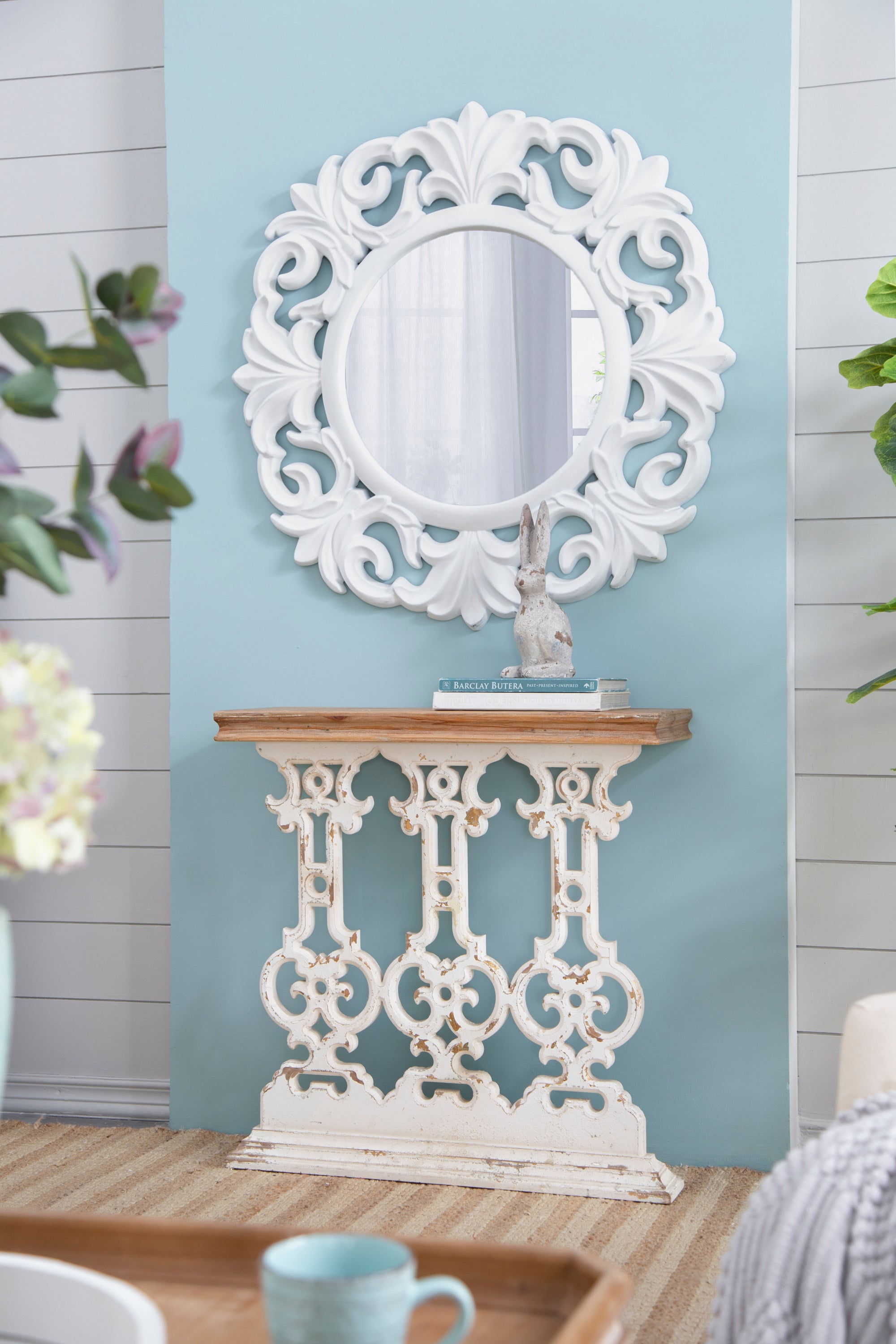 Classic Vintage White Wash Console Table with Brown Wood Top 32"x12"x32"