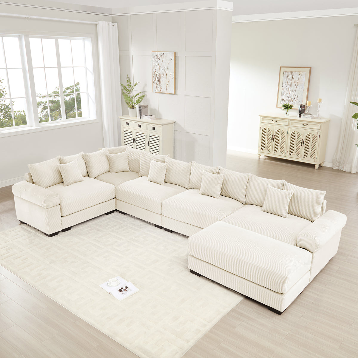 Oversized Cloud Modular Sectional Couch, Convertible Sectional Couches,Extra-Wide Armrests With An Ottoman,Premium Corduroy Fabric,Ergonomic Design,Easy Assembly,For Living Rooms Study,Cream