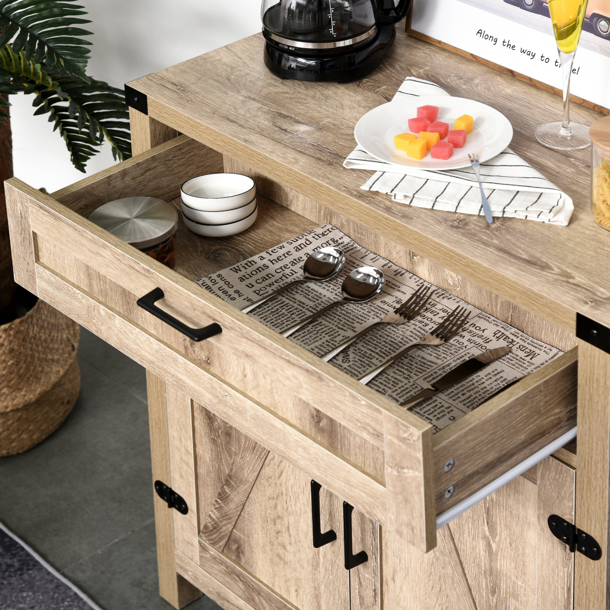 Farmhouse Sideboard Buffet Cabinet with Drawer and Adjustable Shelf - Oak