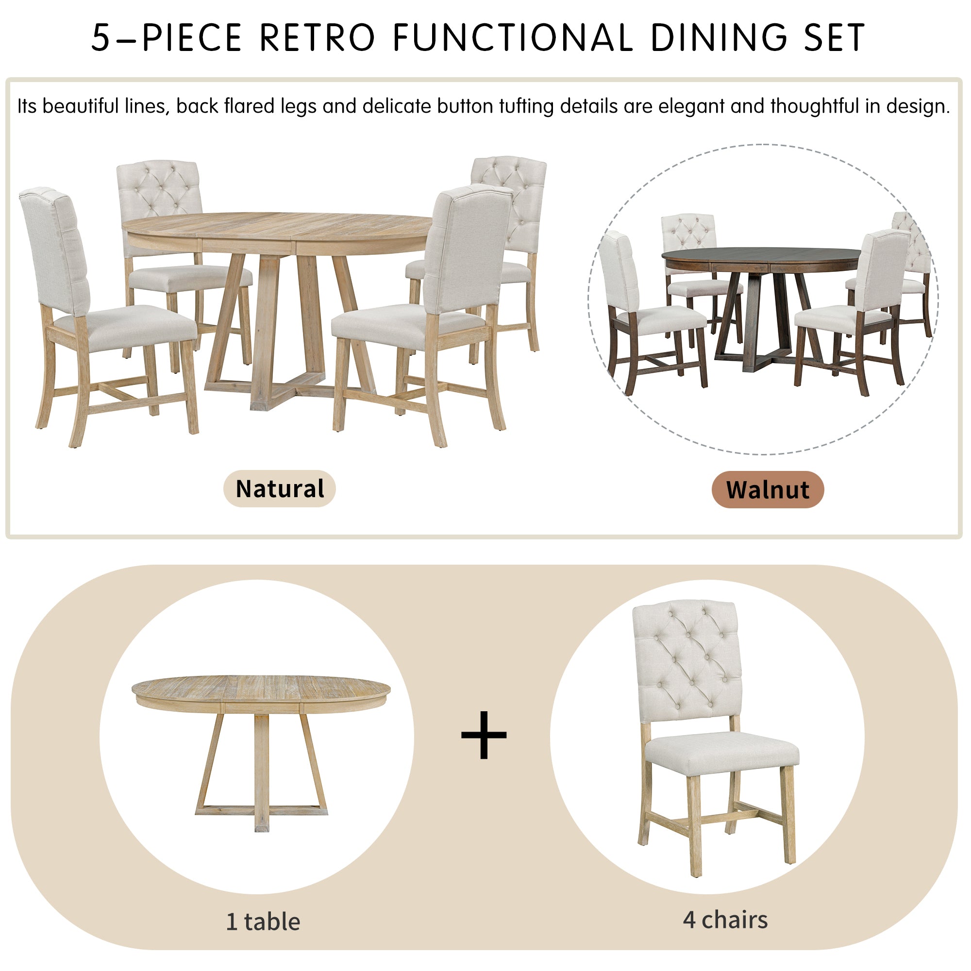 5-Piece Retro Functional Dining Set, Round Table with a 16"W Leaf and 4 Upholstered Chairs - Natural