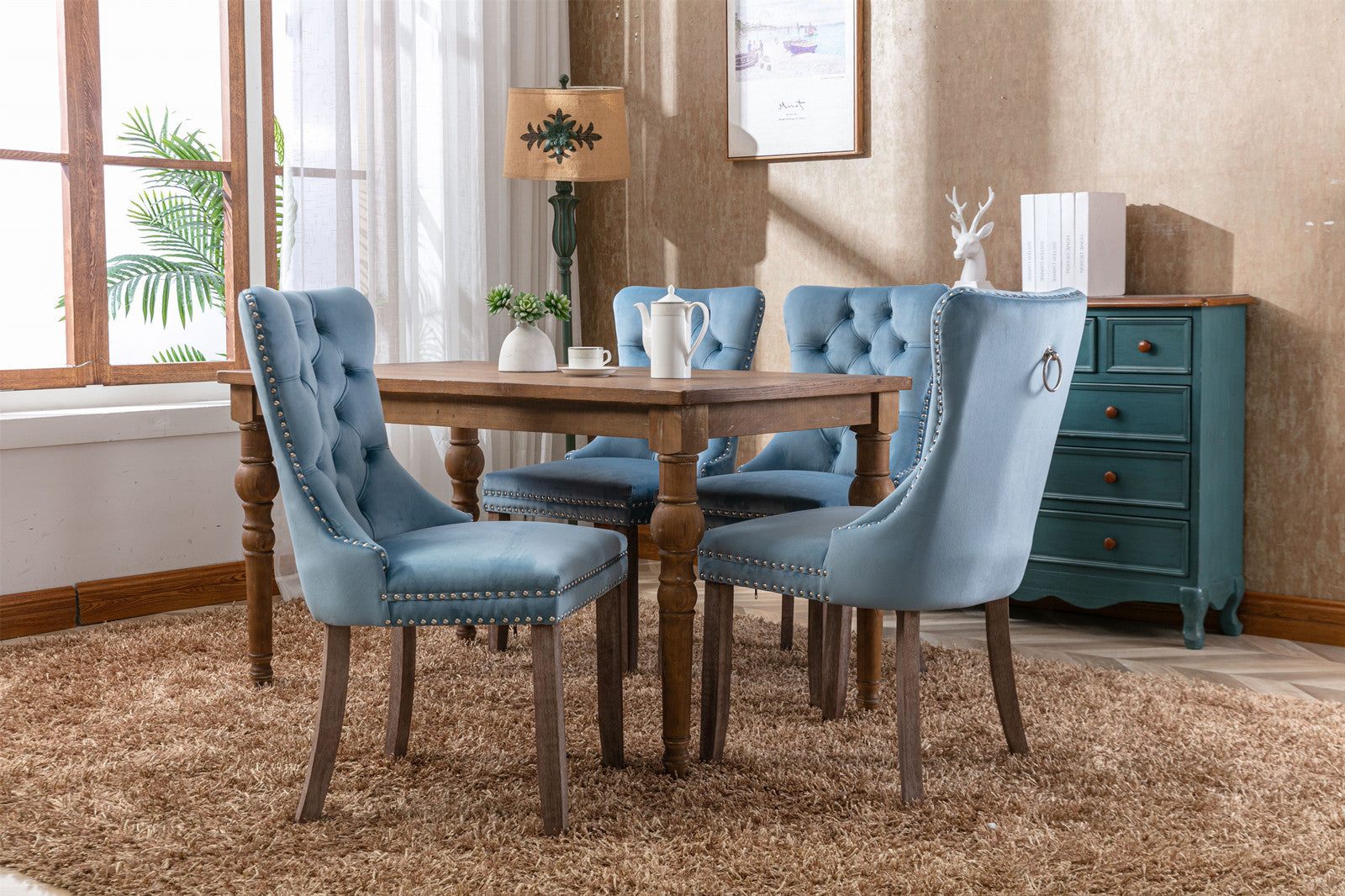 High-end Tufted Solid Wood Contemporary Velvet Upholstered Dining Chair with Wood Legs Nailhead Trim 2-Pcs Set, Light Blue