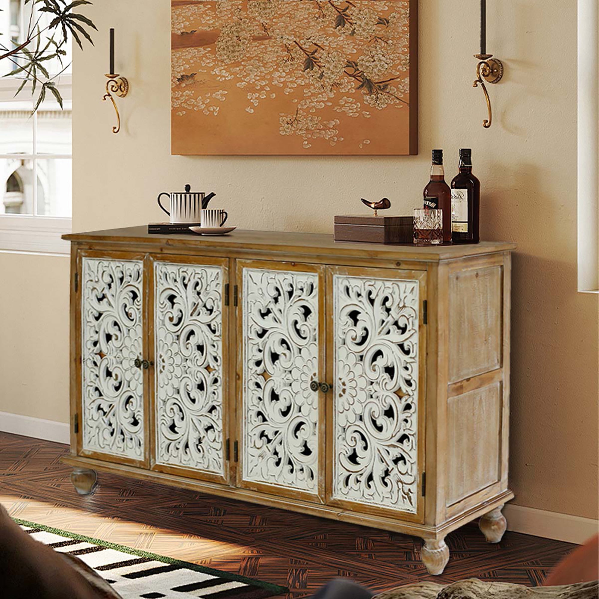 Farmhouse Sideboard Buffet with Storage, Accent Cabinet with 4 Doors, Wood Carved Floral Doors - Natural