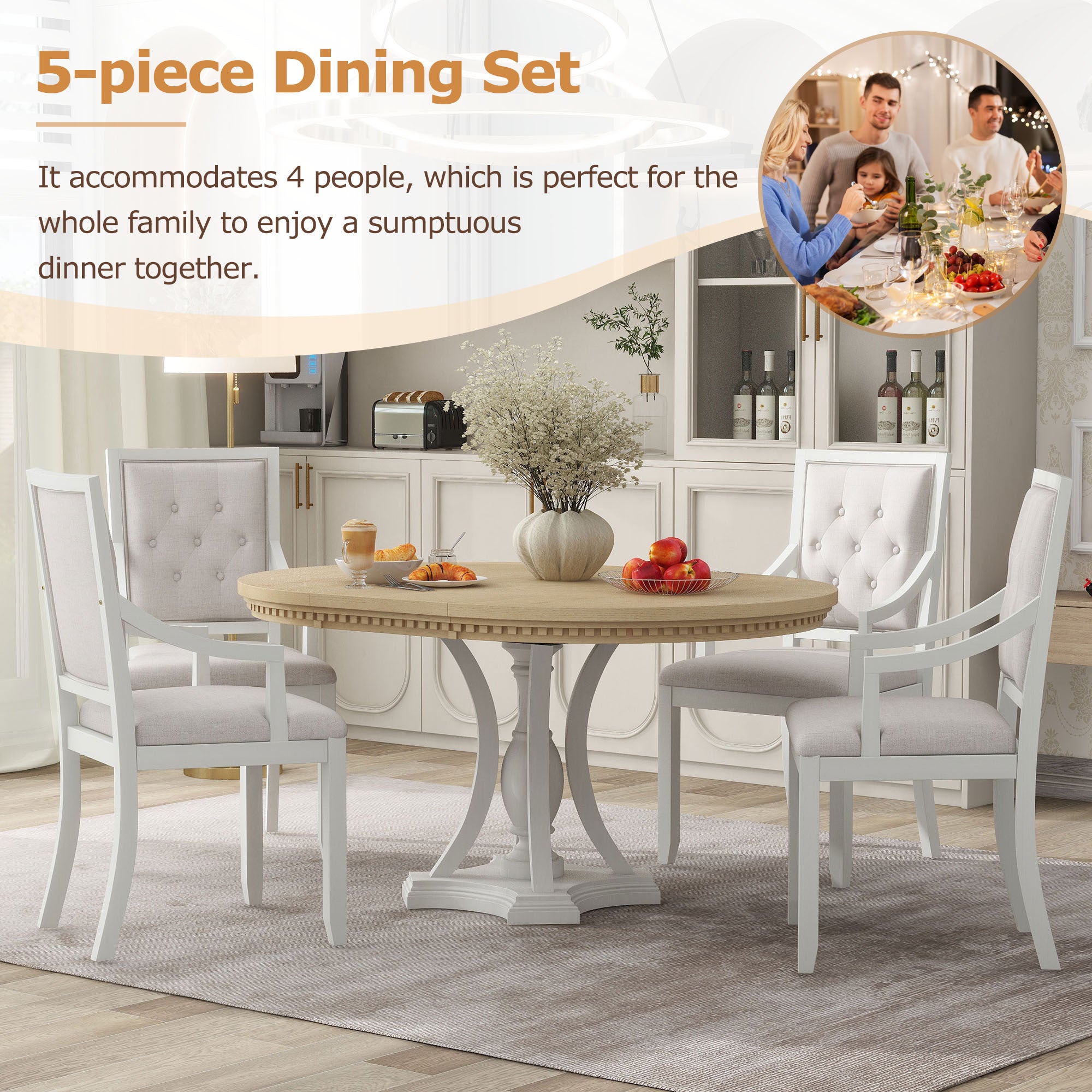 Retro 5-piece Dining Set Extendable Round Table and 4 Chairs - Oak Natural Wood + Antique White