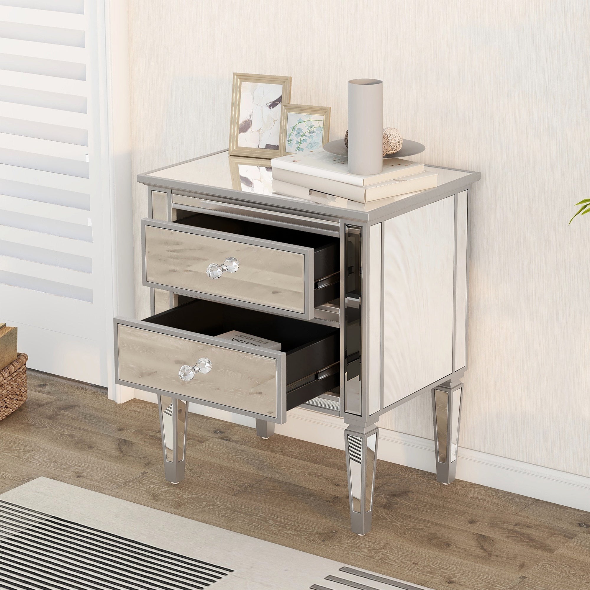 Elegant Mirrored Side Table with 2 Drawers, Modern Silver Finished