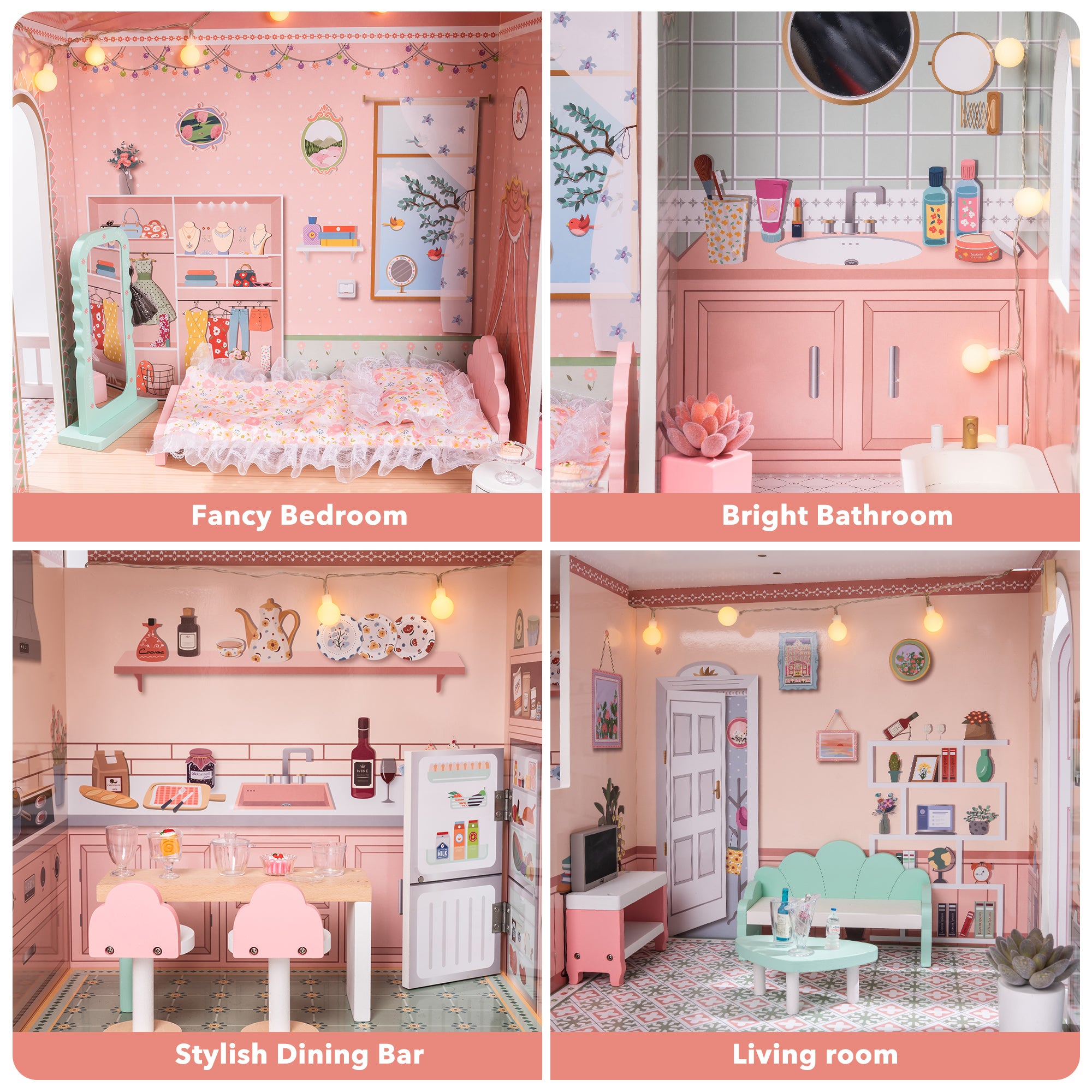 Stylish Dollhouse with Garden for 3+Kids - Green & Pink