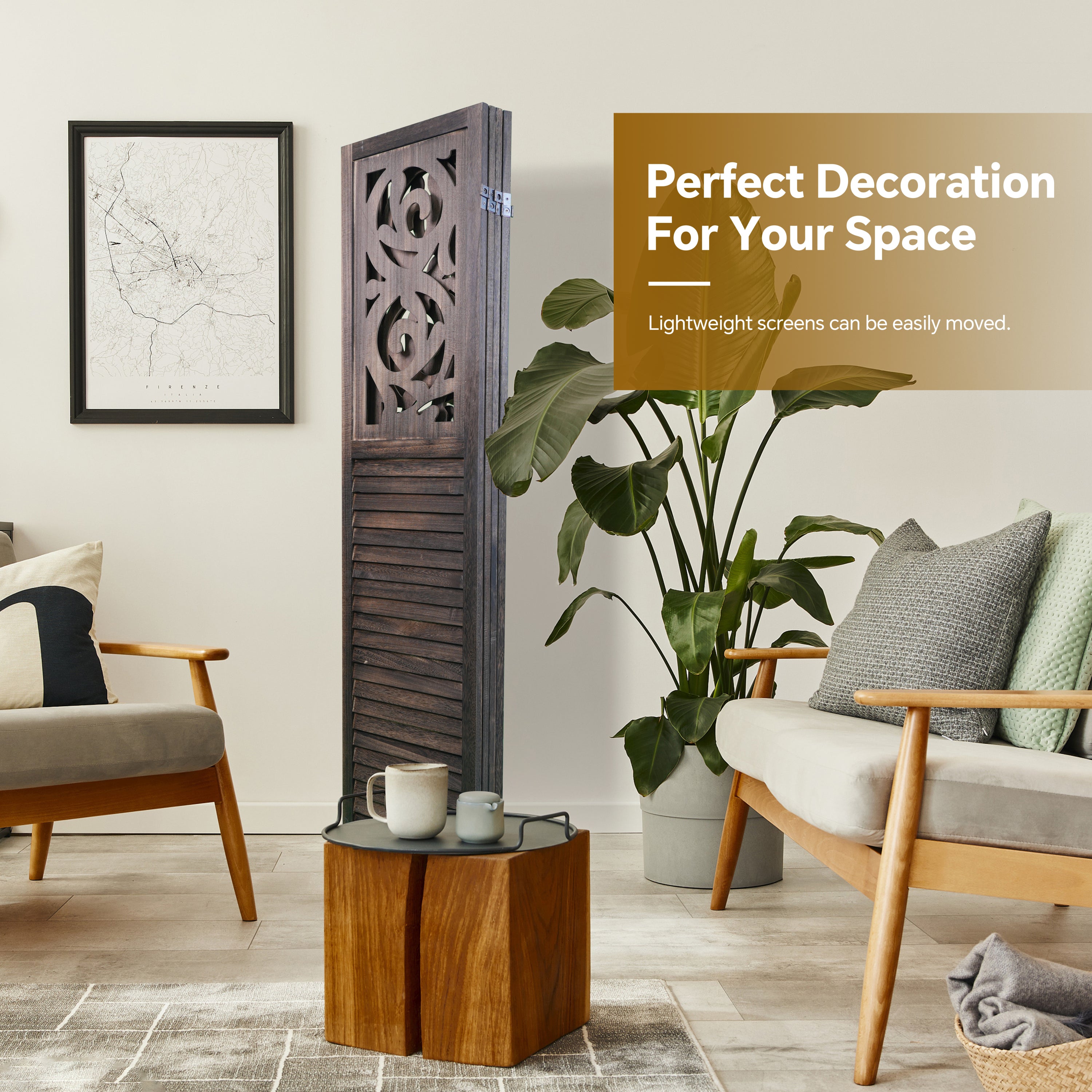 4 Panel Room Dividers, 6FT Carved Wood - Rustic Brown