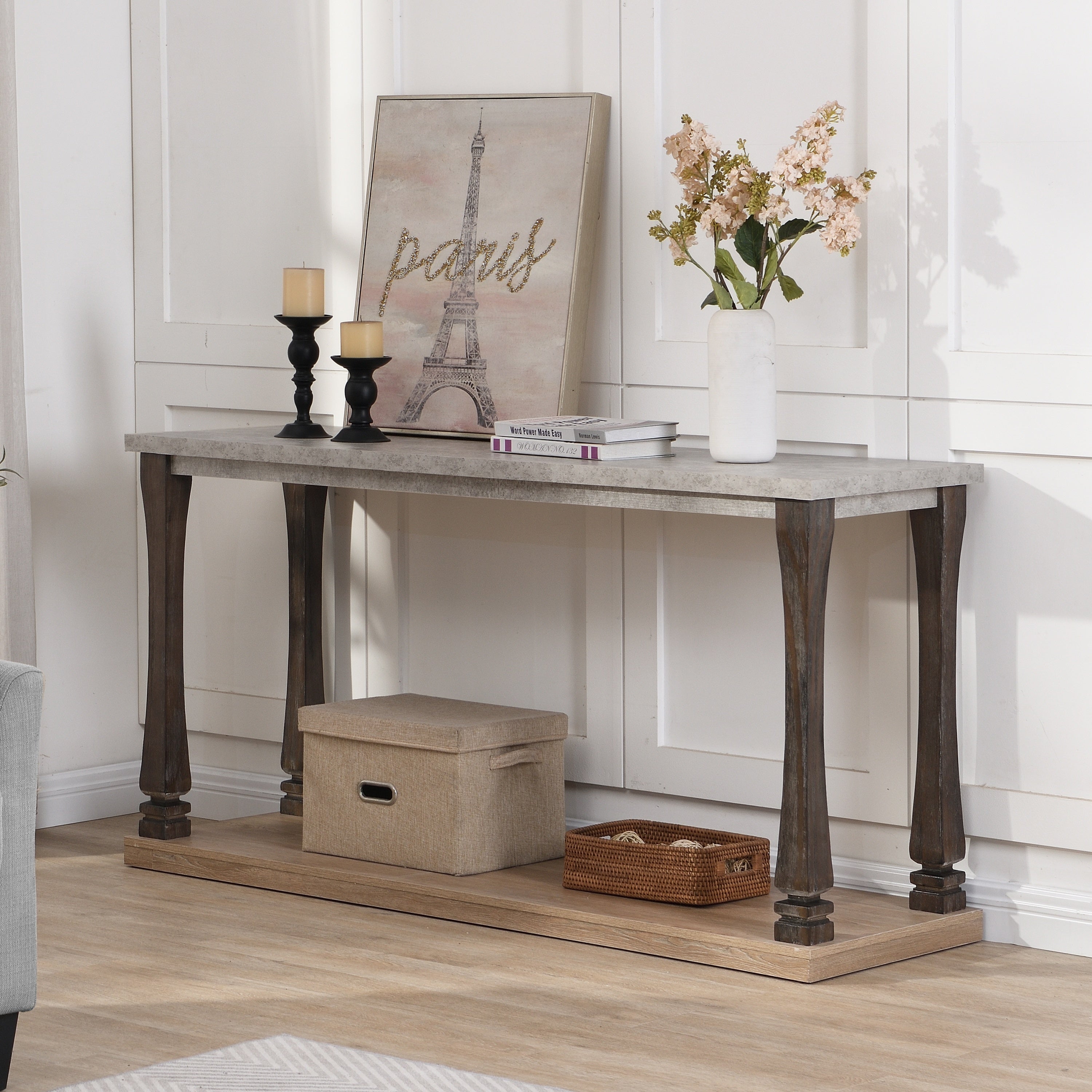 Mid-Century Console Table for Entryway, Wood sofa Table with 2-Tier Storage Shelf, 48 inch Long Rectangle -Grey Tabletop