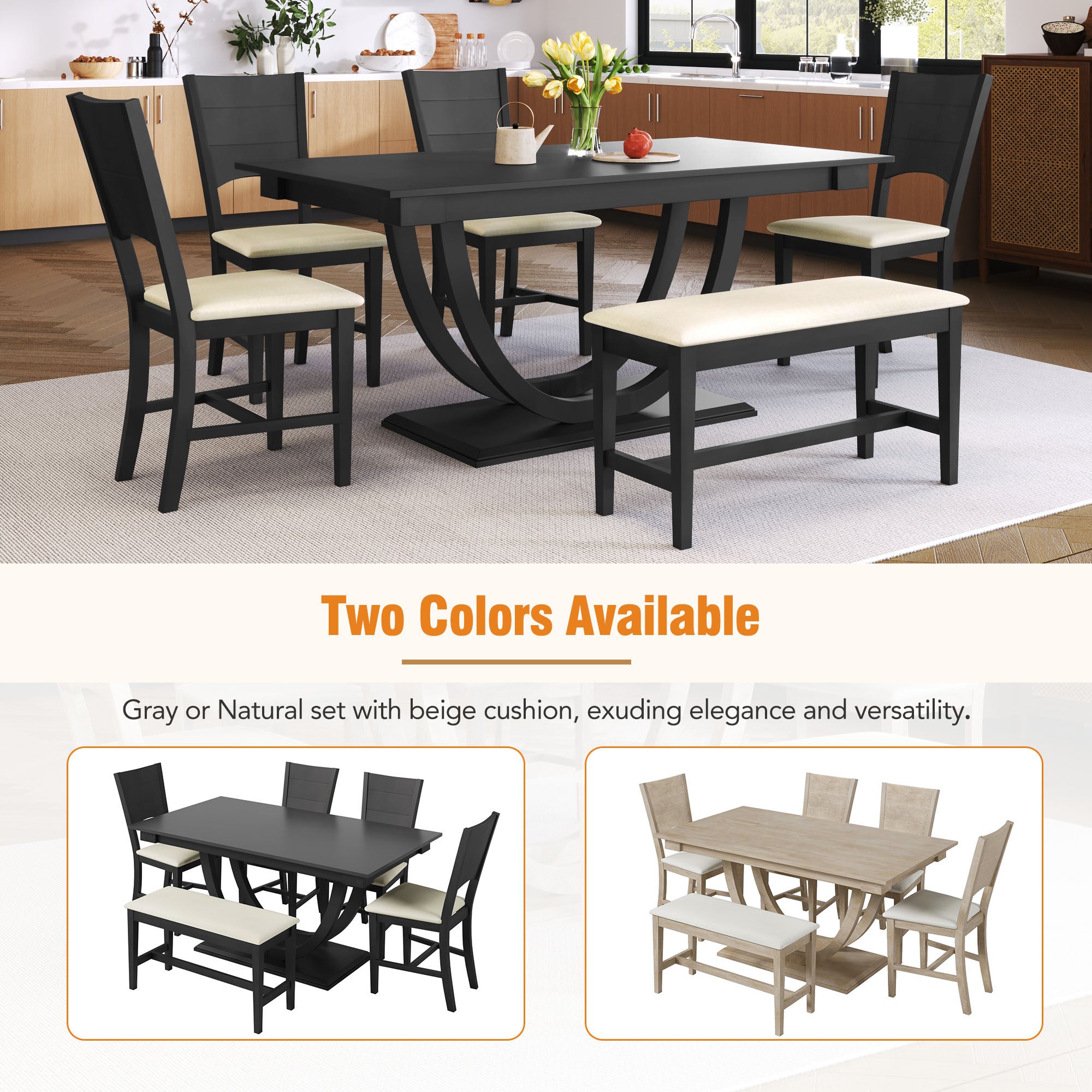 6-Piece Wood Half Round Dining Table Set with Long Bench and 4 Dining Chairs - Grey