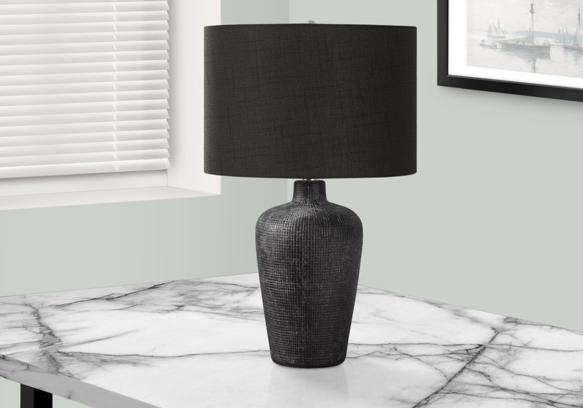 Table Lamp, 24"h, Black Ceramic, Black Shade, Contemporary