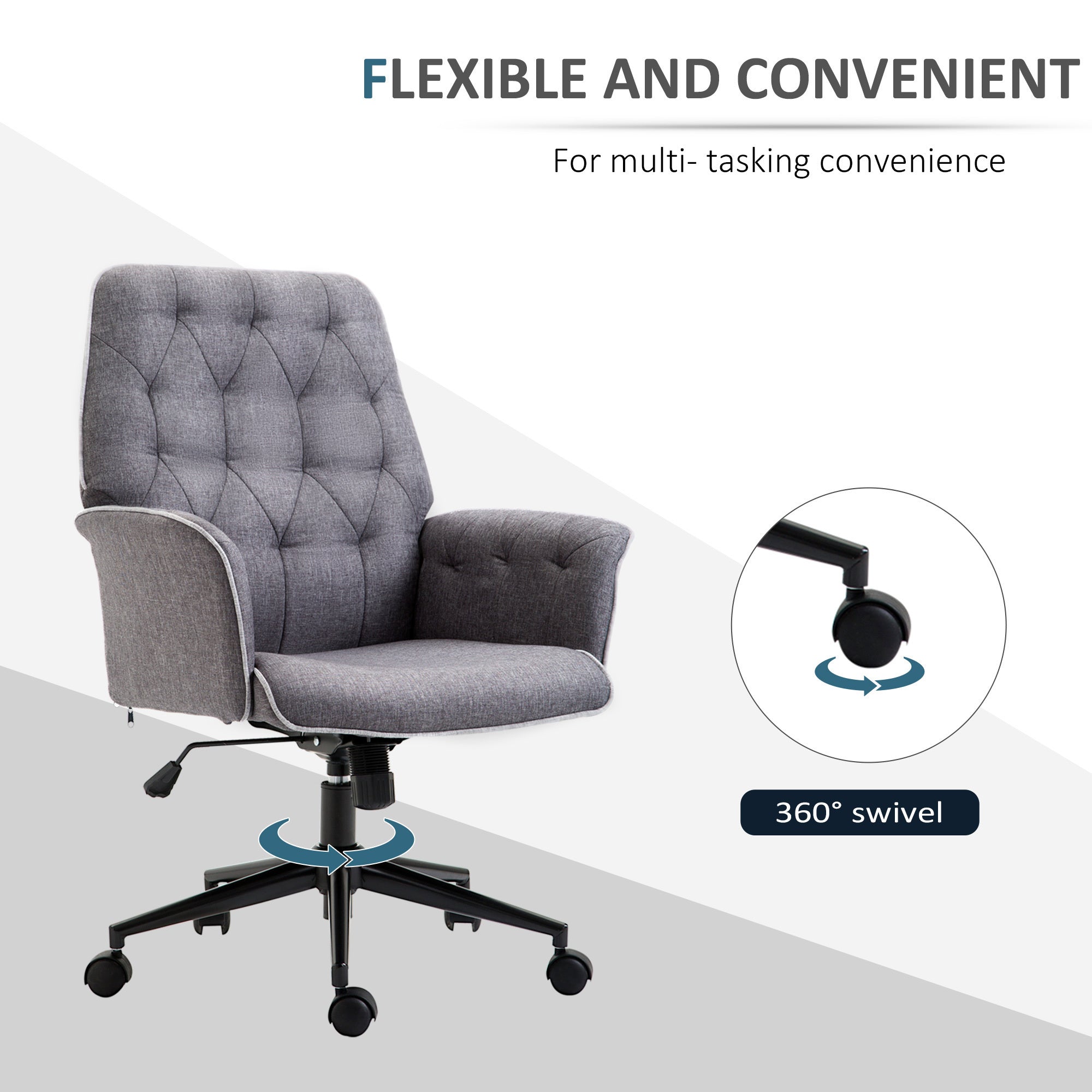 Vinsetto Linen Home Office Chair, Tufted Height Adjustable Computer Desk Chair with Swivel Wheels and Padded Armrests - Dark Gray