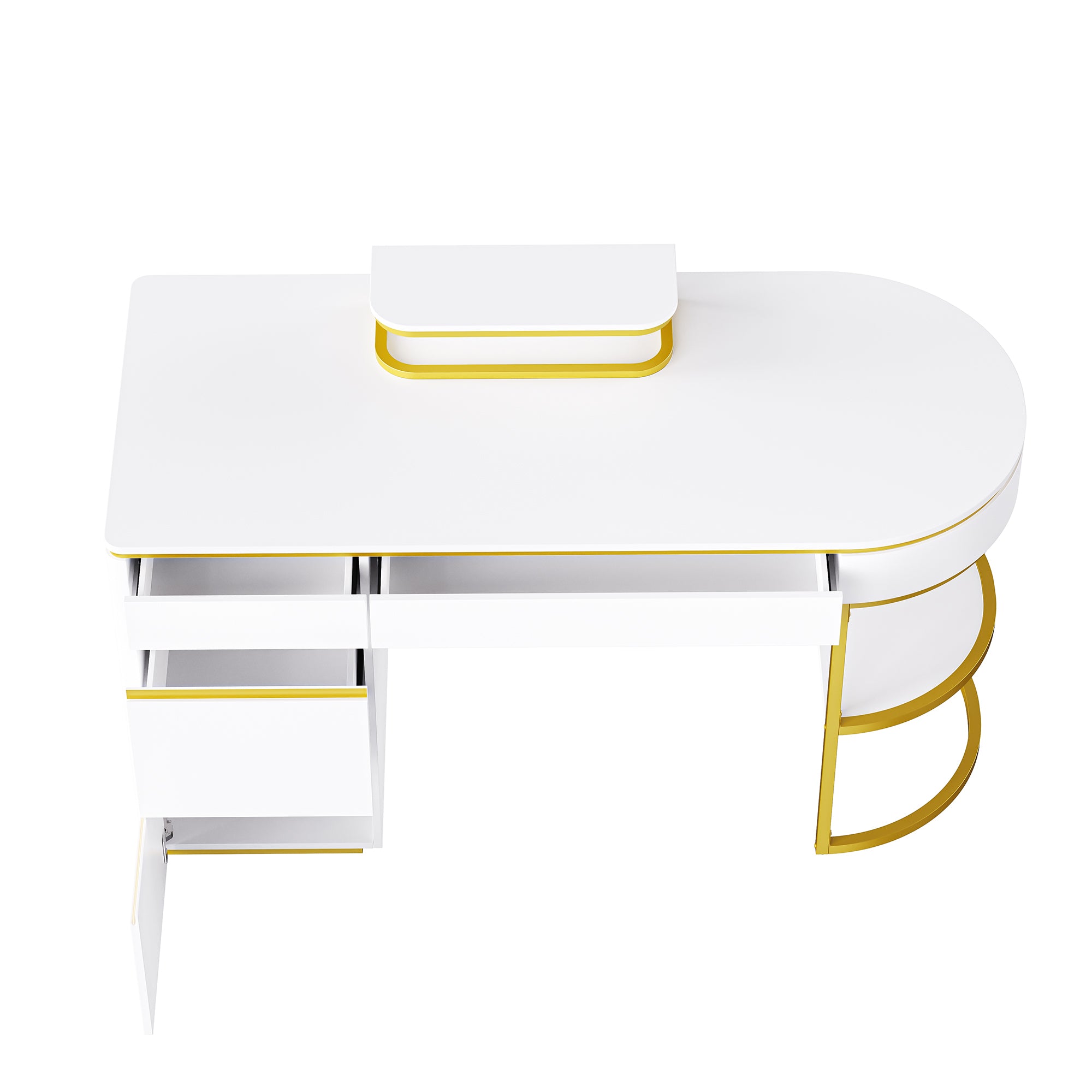 60''Modern Executive Desk,White Curved Computer Desk with Gold Metal Legs,3-Drawers Home Office Desk - Gold+White